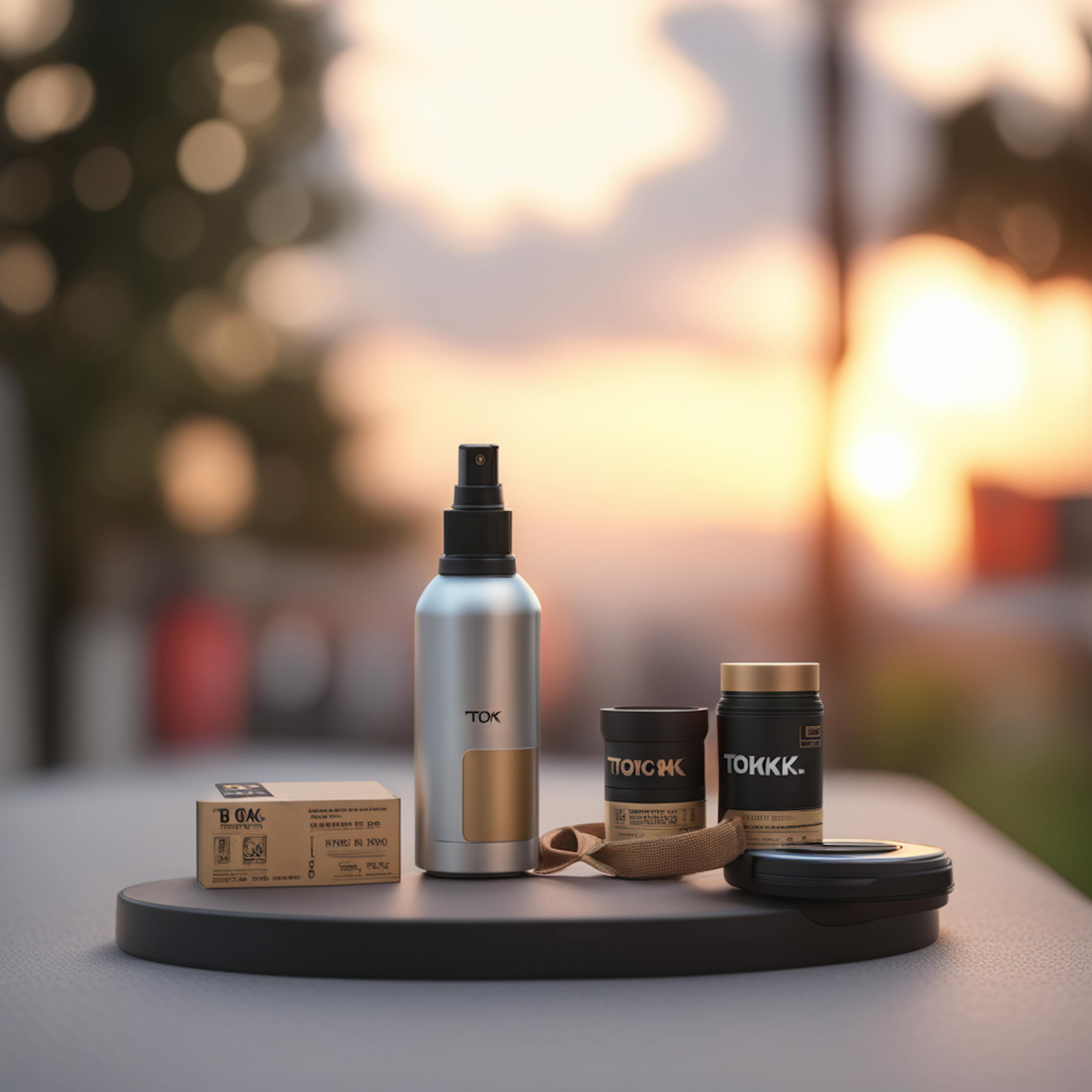 A collection of minimalist and stylish product packaging, displayed on a circular platform with a soft sunset in the background. This "product photography marketing" scene enhances the elegance and eco-friendly appeal of the brand.