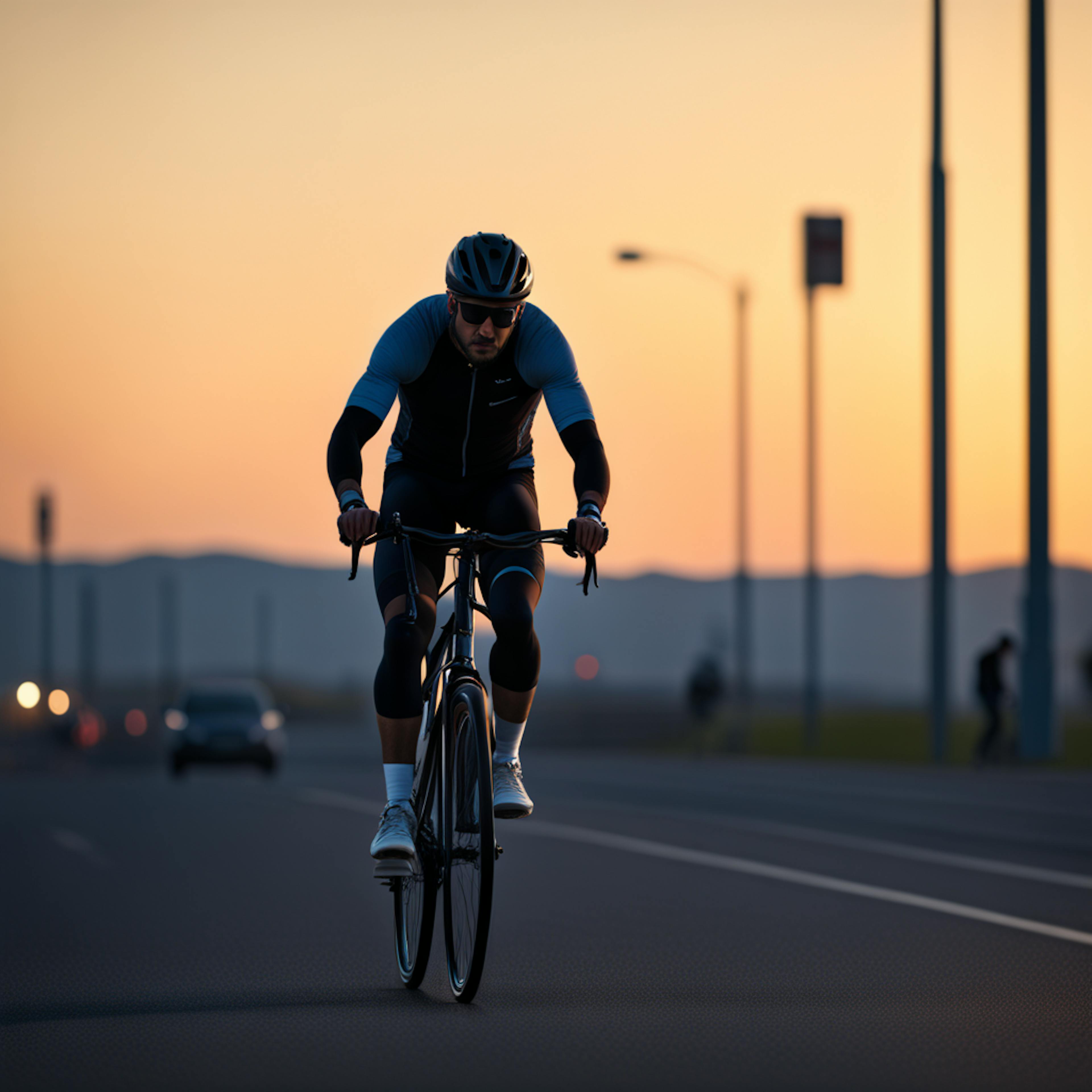 A cyclist riding a bike at sunset, dressed in professional gear, symbolizing endurance and performance. This "product photography marketing" image effectively showcases the lifestyle and use-case of cycling products.