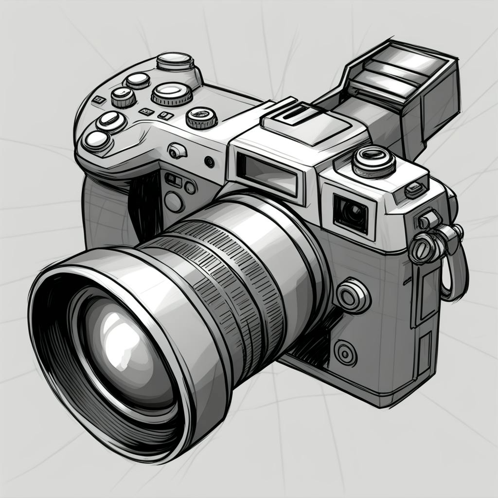 A detailed black-and-white drawing of a professional camera, showcasing its intricate design. This image serves as inspiration for "photography marketing ideas," highlighting the importance of product-focused advertising.