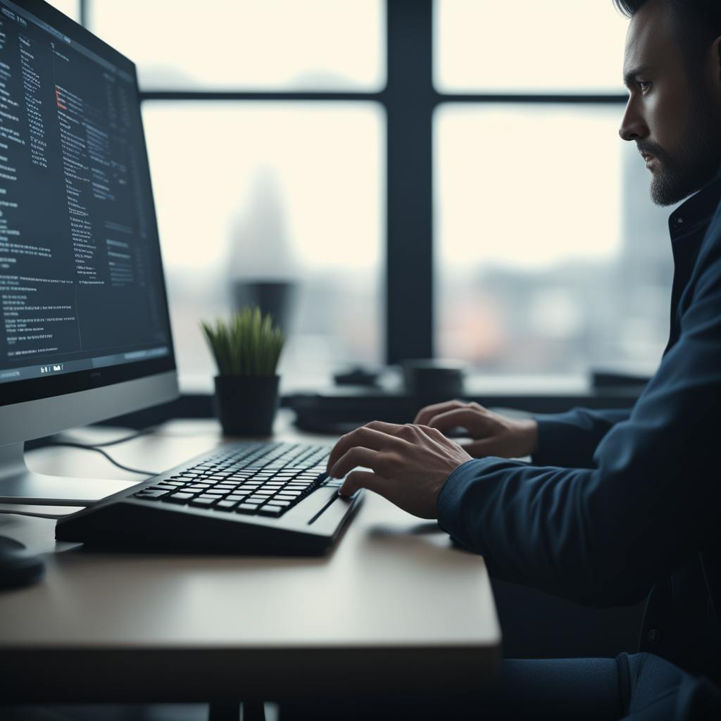 A professional programmer intensely focused on coding at a modern workstation, symbolizing the development process in "natural language processing vs machine learning," where algorithms are crafted for linguistic understanding and broader data-driven learning.