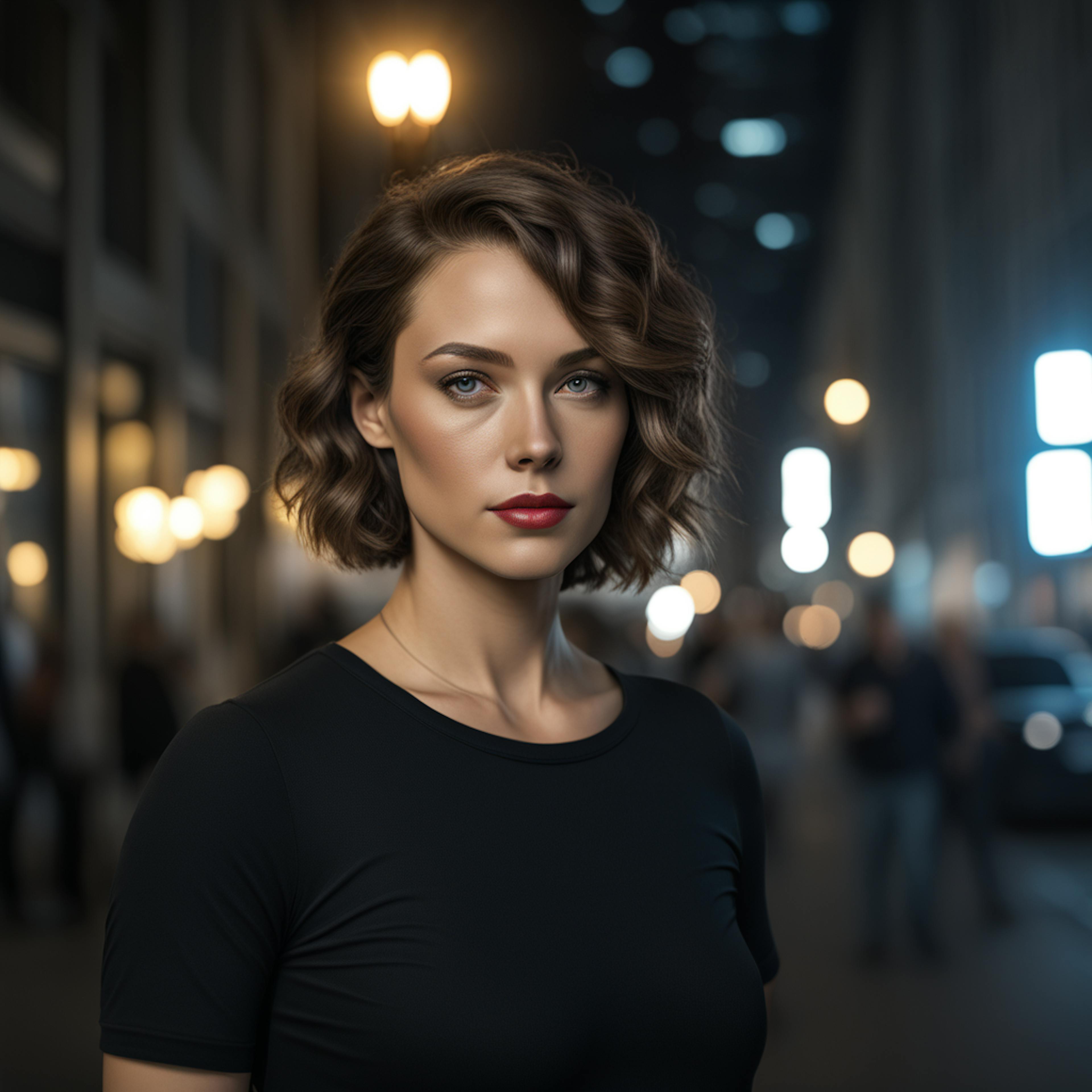 A striking portrait of a confident woman set in a vibrant urban nightscape, showcasing realism and attention to detail. This visual represents the power of "natural language processing vs generative AI" in creating lifelike generative content while processing contextual nuances.