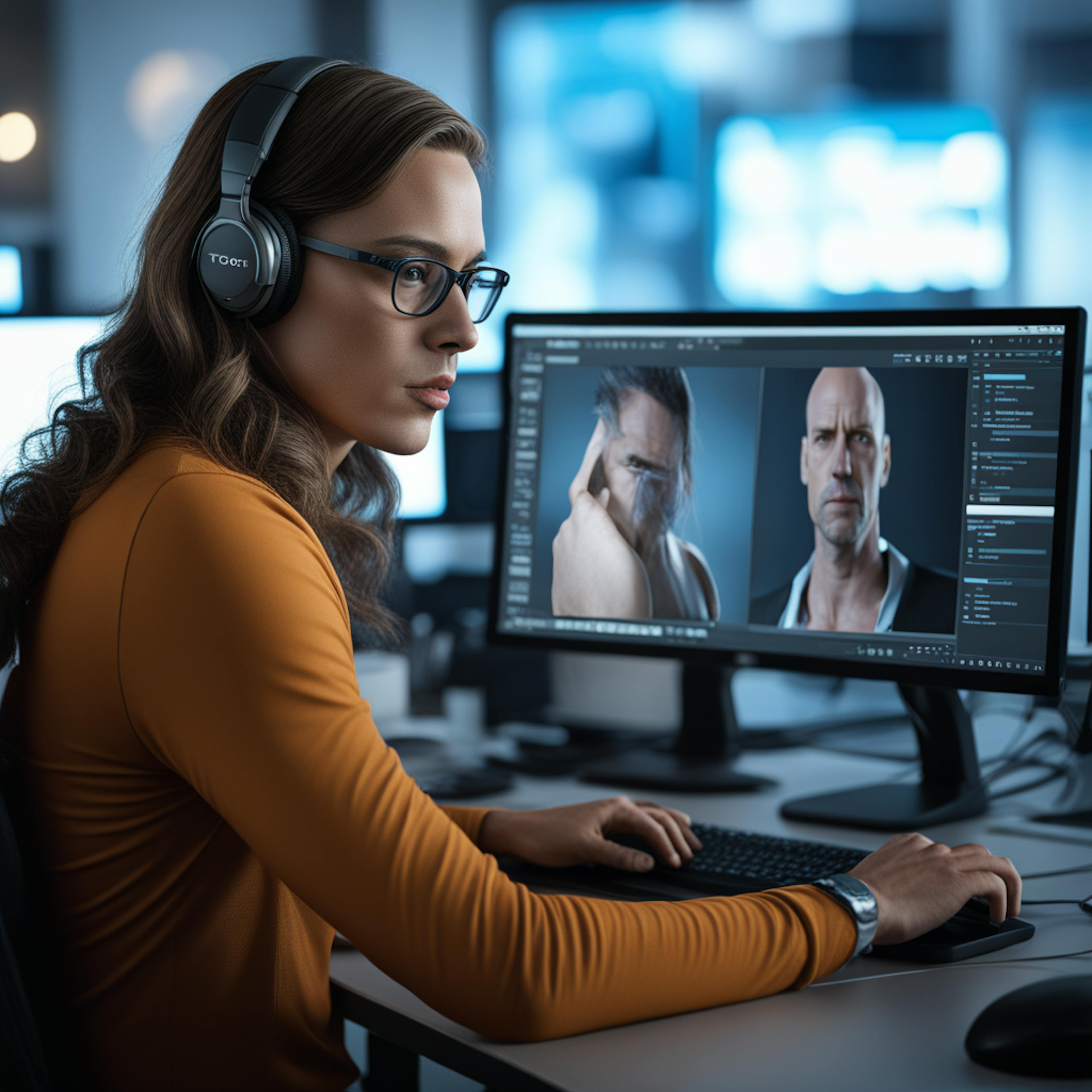 A professional designer working on a detailed 3D model in a digital environment, wearing headphones and focused on her screen. This image highlights the application of "natural language processing vs generative AI" in enabling precise human-machine interactions and creative workflows.