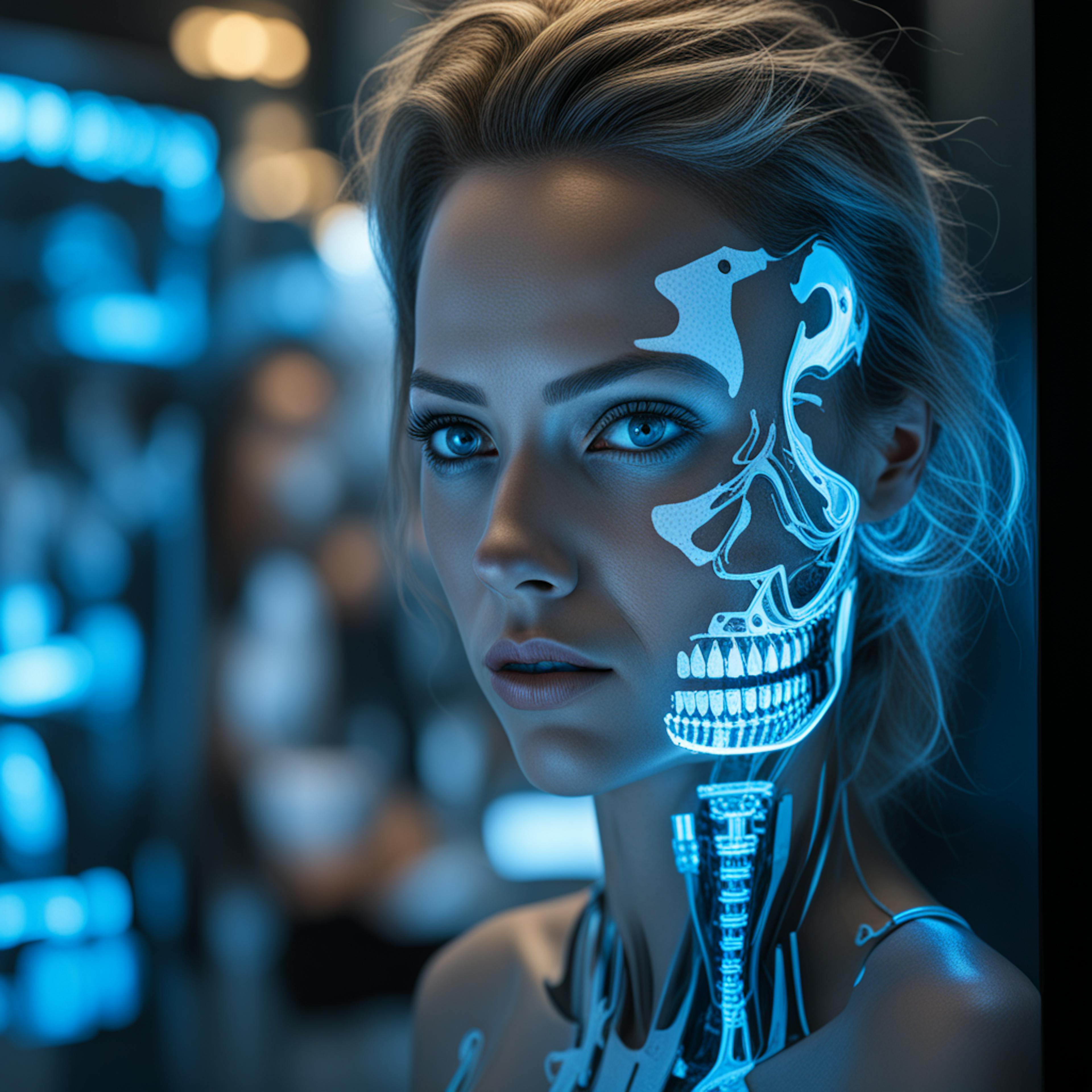 A futuristic depiction of a woman with an illuminated skeletal overlay and mechanical components, symbolizing the blend of "natural language processing vs generative AI" in understanding human context and creating innovative synthetic designs.