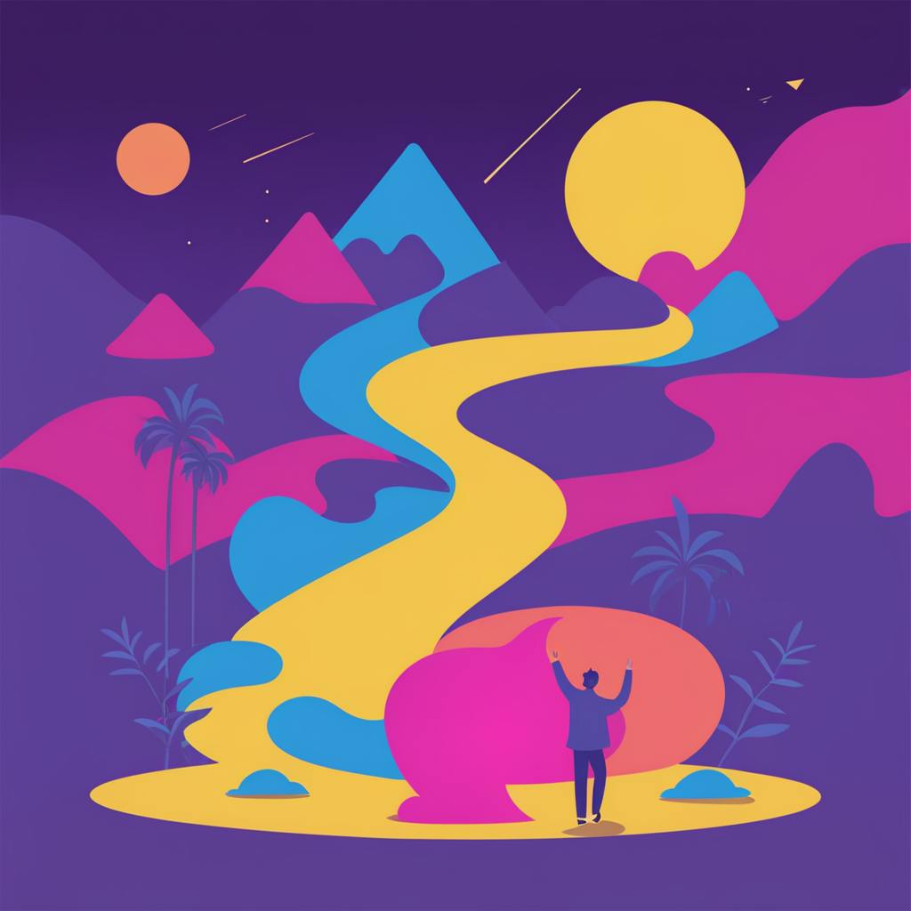 A vibrant, surreal landscape with a flowing yellow path winding through pink and blue mountains under a cosmic night sky. This showcases "graphic design data visualization the future," illustrating dynamic storytelling through abstract visuals.