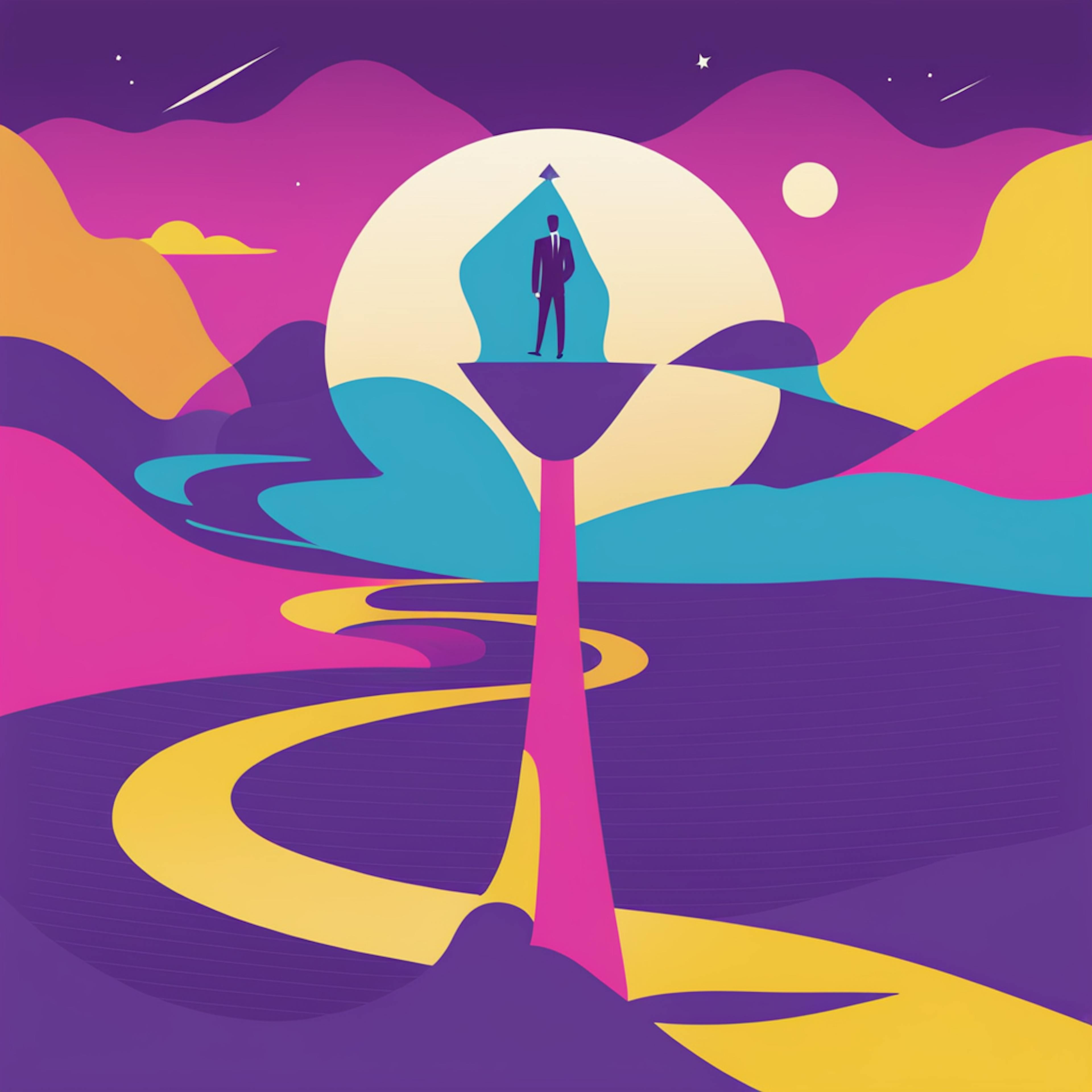 A futuristic scene of a figure standing on a pedestal against a backdrop of colorful hills and a large moon, highlighting the potential of "graphic design data visualization the future" to inspire visionary concepts.