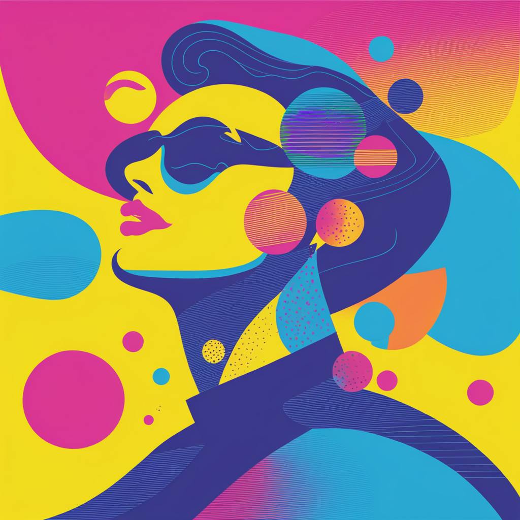 A stylized portrait of a person in bold, bright colors with circular patterns surrounding them, symbolizing the integration of individuality and data in "graphic design data visualization the future."