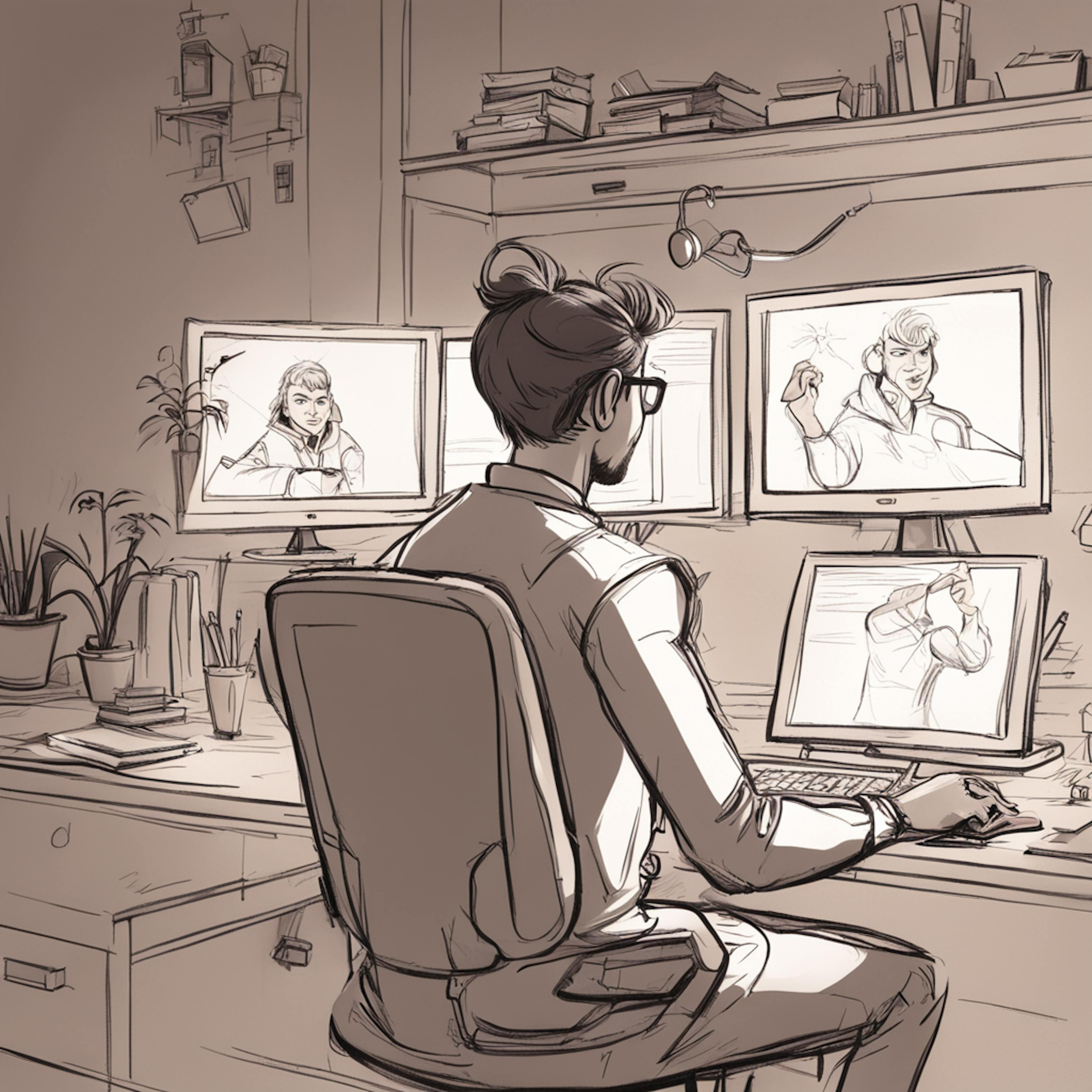 A professional works at a multi-monitor setup displaying dynamic character designs, illustrating the versatility and depth required for a standout "graphic design portfolio.