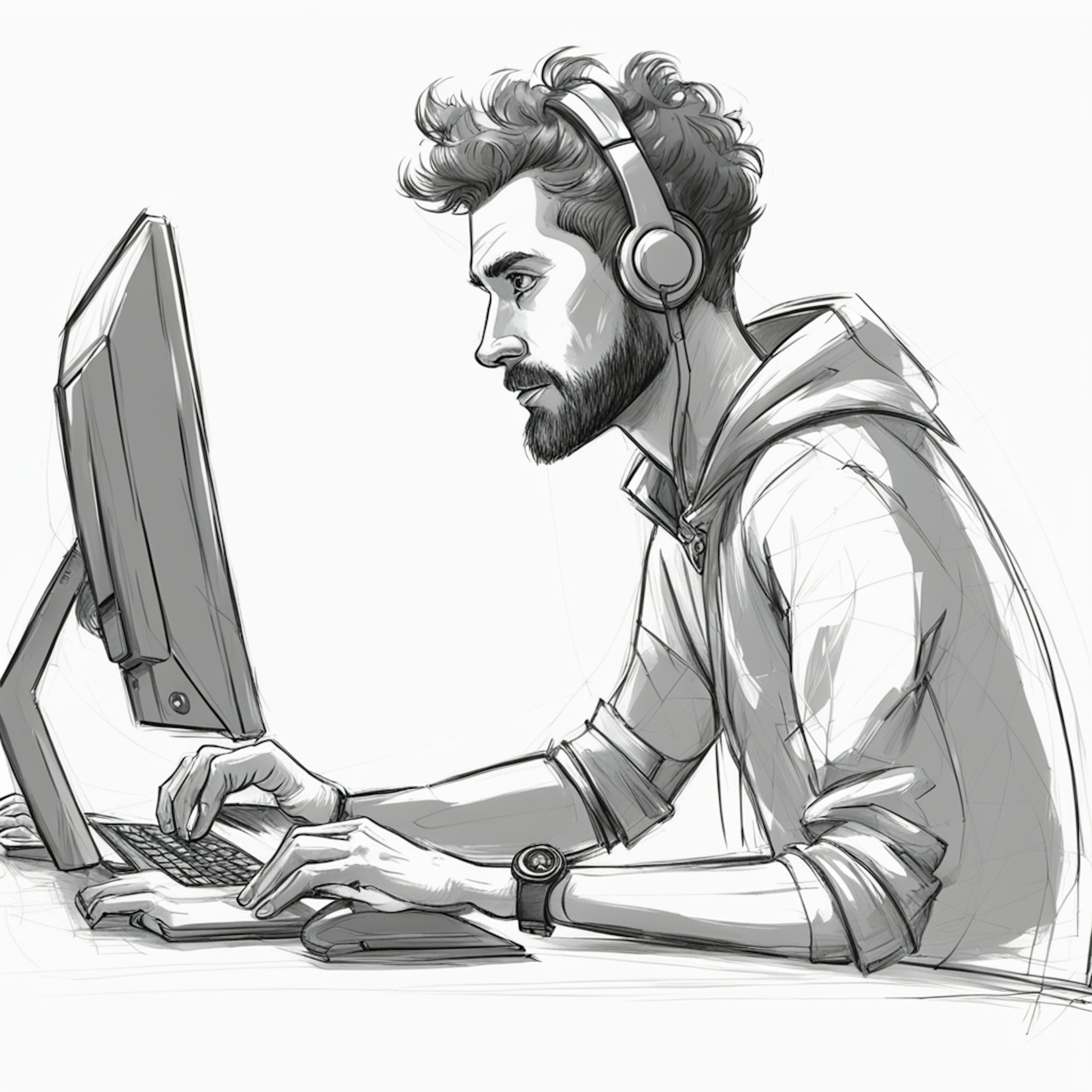 A bearded designer with headphones intensely working on a computer, symbolizing dedication and creativity during the "graphic design golden era" where innovation thrives in digital environments.