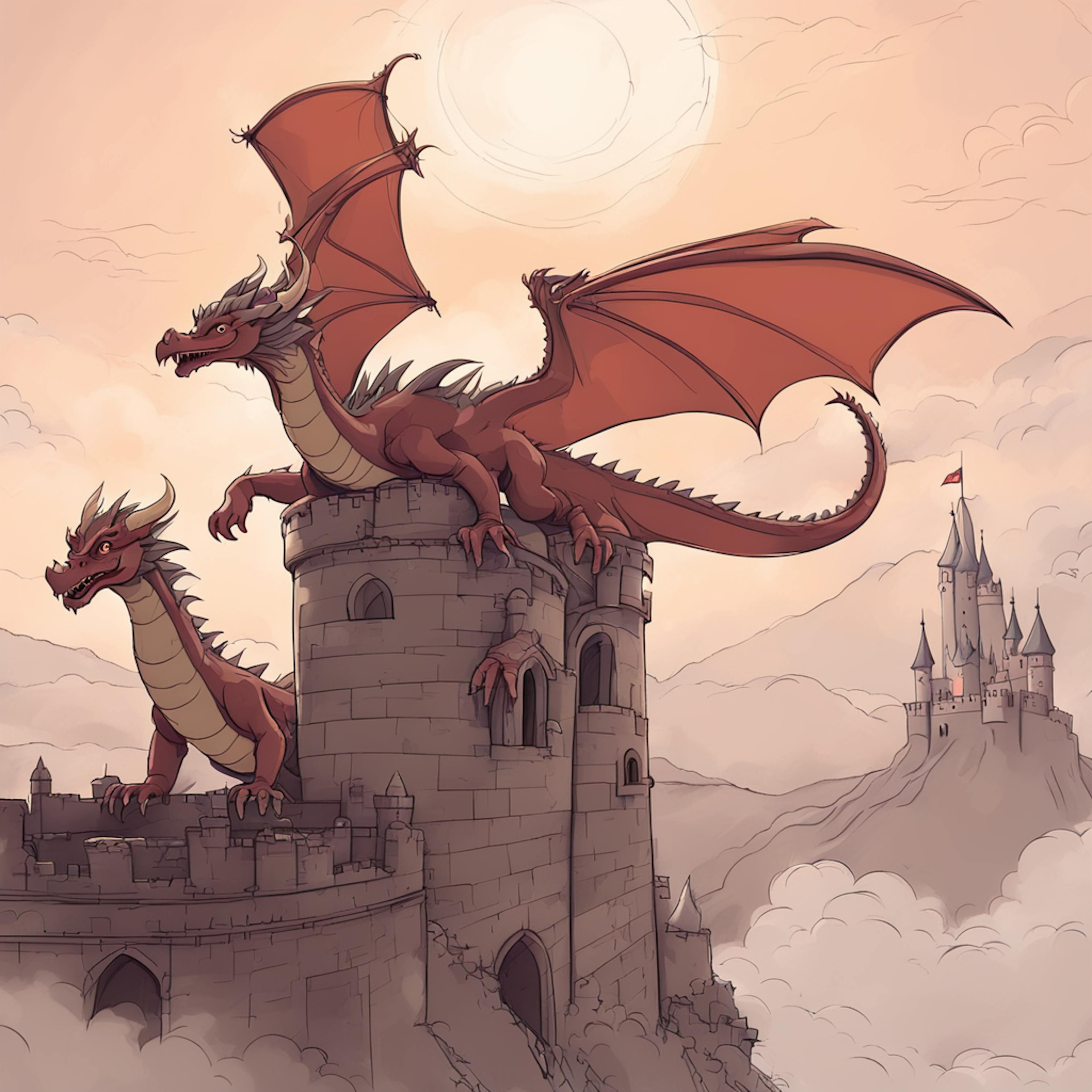 A vibrant red dragon with outstretched wings perches majestically atop a stone tower under a soft golden sun, with a distant castle surrounded by clouds in the background. This illustrates "how to correctly generate an image using AI" to depict fantasy settings.