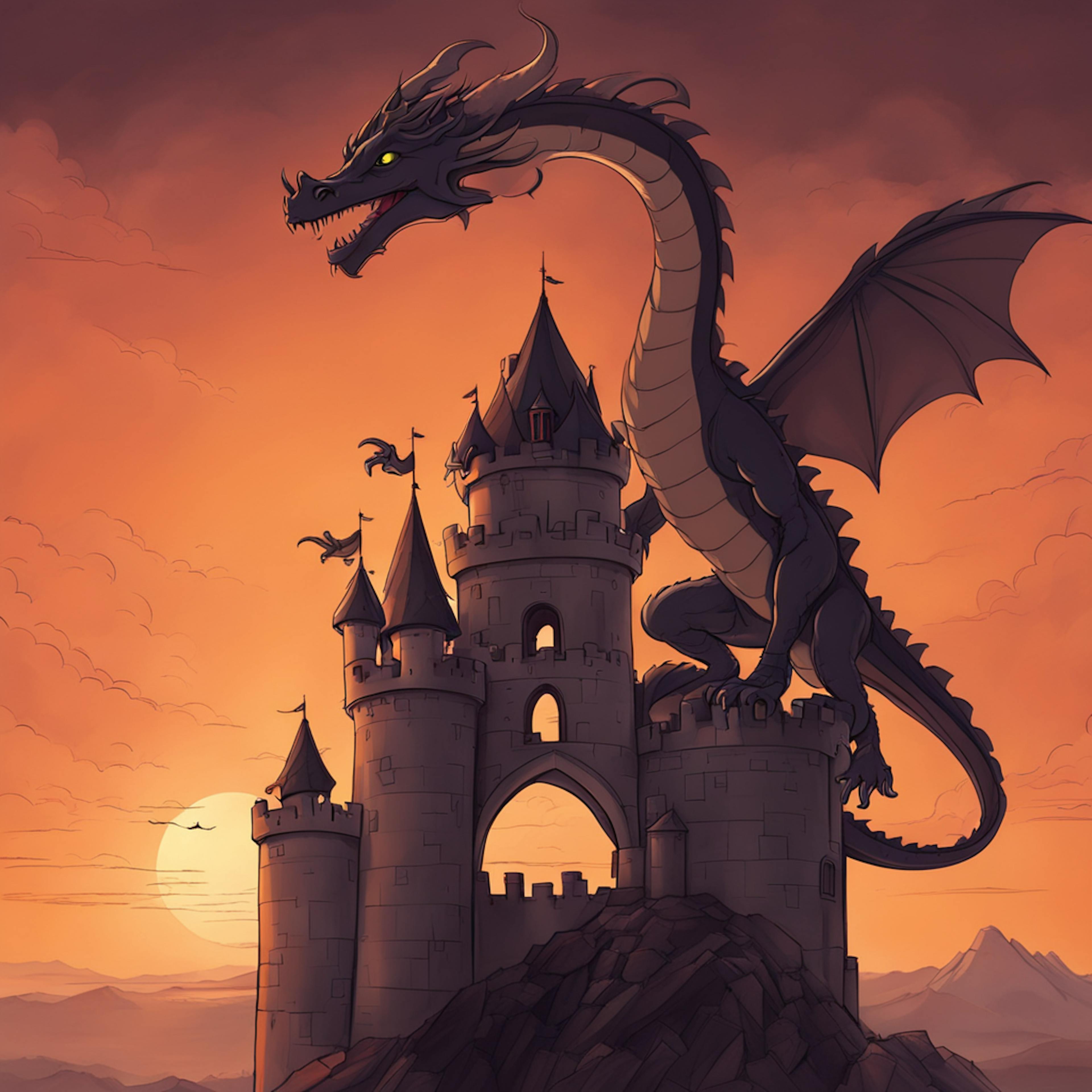 A black dragon with glowing eyes roars from the top of a grand castle, silhouetted against a fiery sunset sky, embodying dramatic storytelling in "how to correctly generate an image using AI" for epic fantasy scenes.