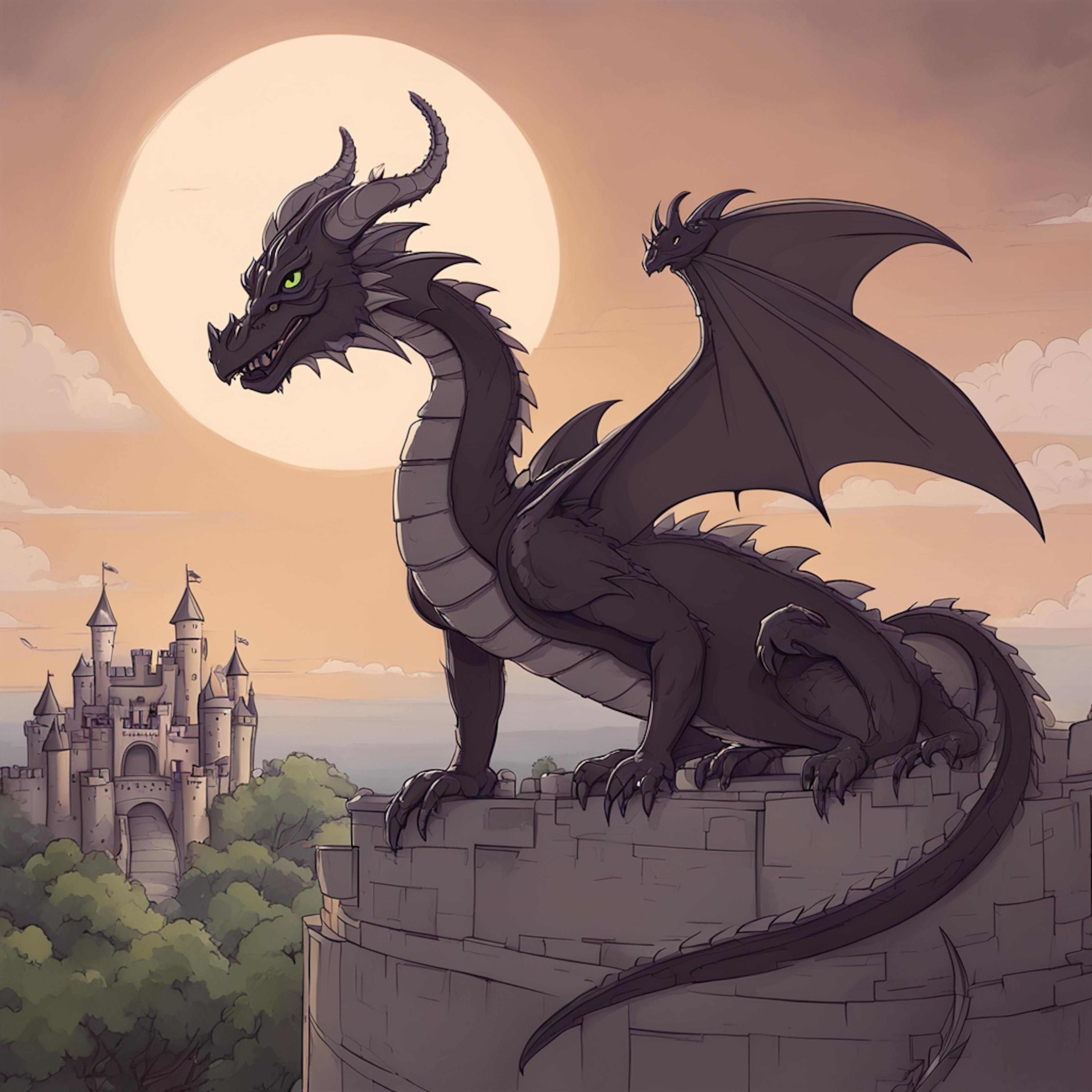 A dark, imposing dragon sits atop a castle wall under a full moon, exuding an aura of mystery and power, with a distant castle nestled among trees. This demonstrates "how to correctly generate an image using AI" for mood and ambiance in fantasy art.