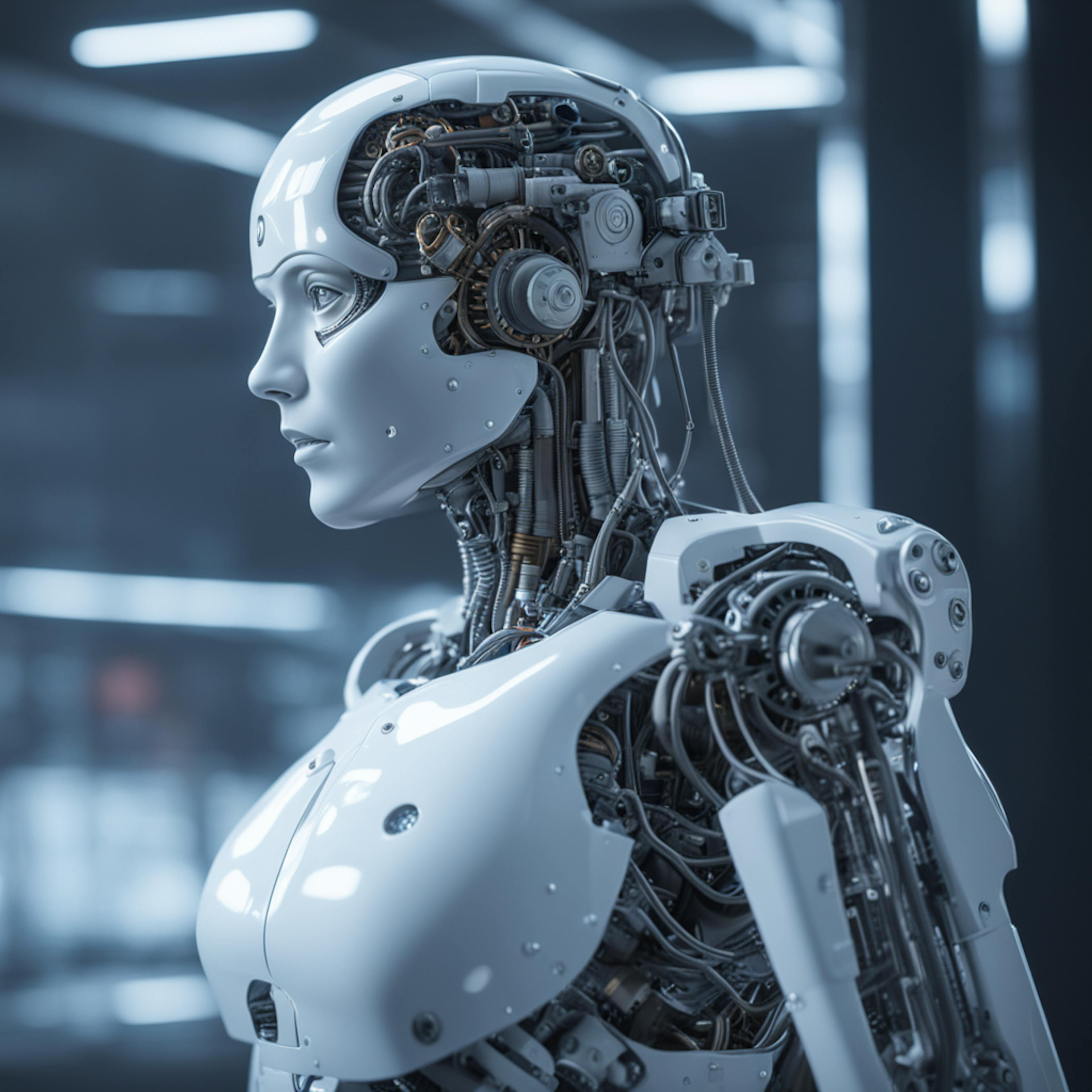 A sleek, white humanoid robot with visible internal mechanisms, set against a modern industrial background, emphasizes the integration of AI into advanced designs. This showcases "how has the way we use AI evolved over time" in achieving synergy between aesthetics and functionality in intelligent systems.