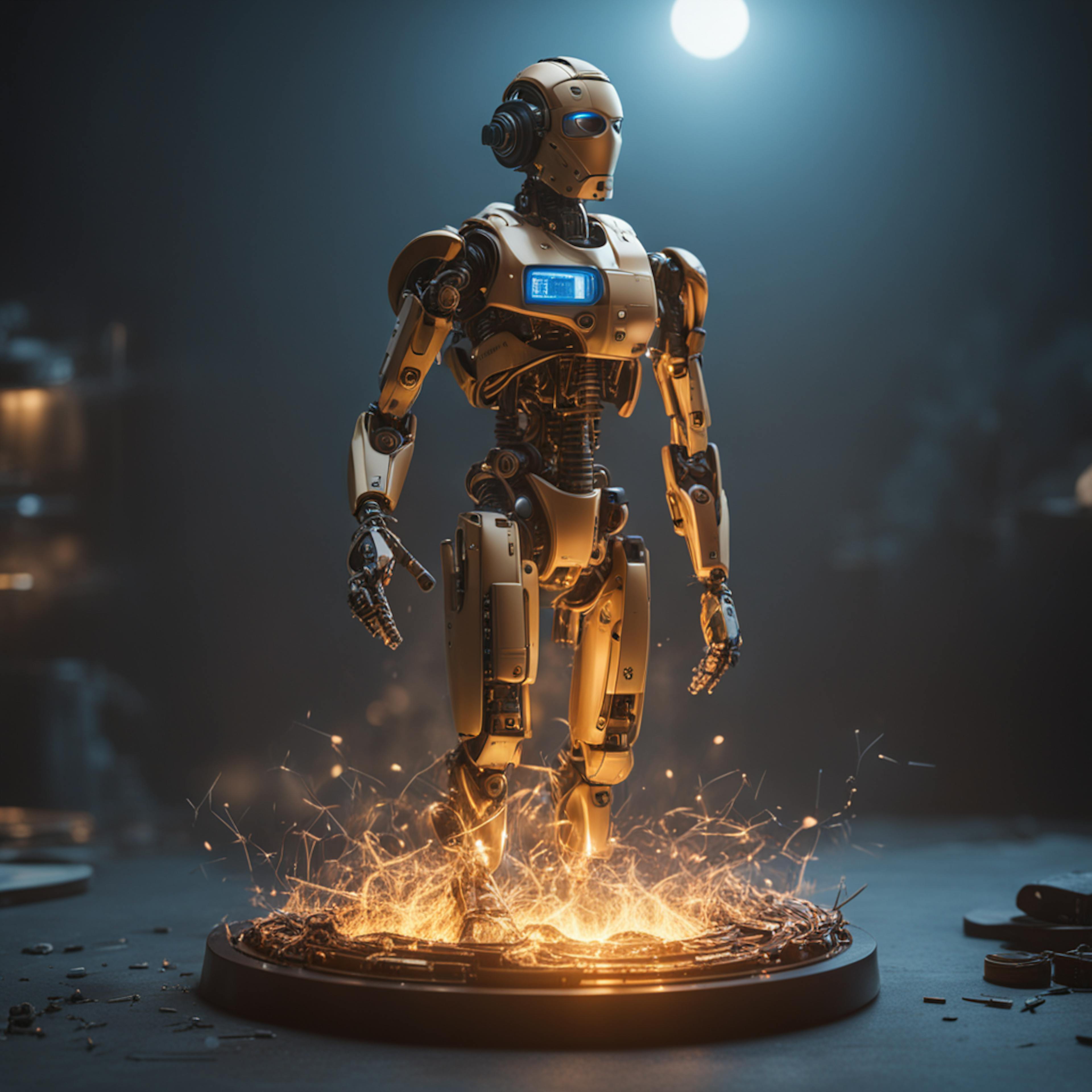 A golden humanoid robot stands on a platform surrounded by sparks and a glowing aura, highlighting the transformative power of AI in robotics. It visually captures "how has the way we use AI evolved over time" in advancing autonomous and dynamic machines.