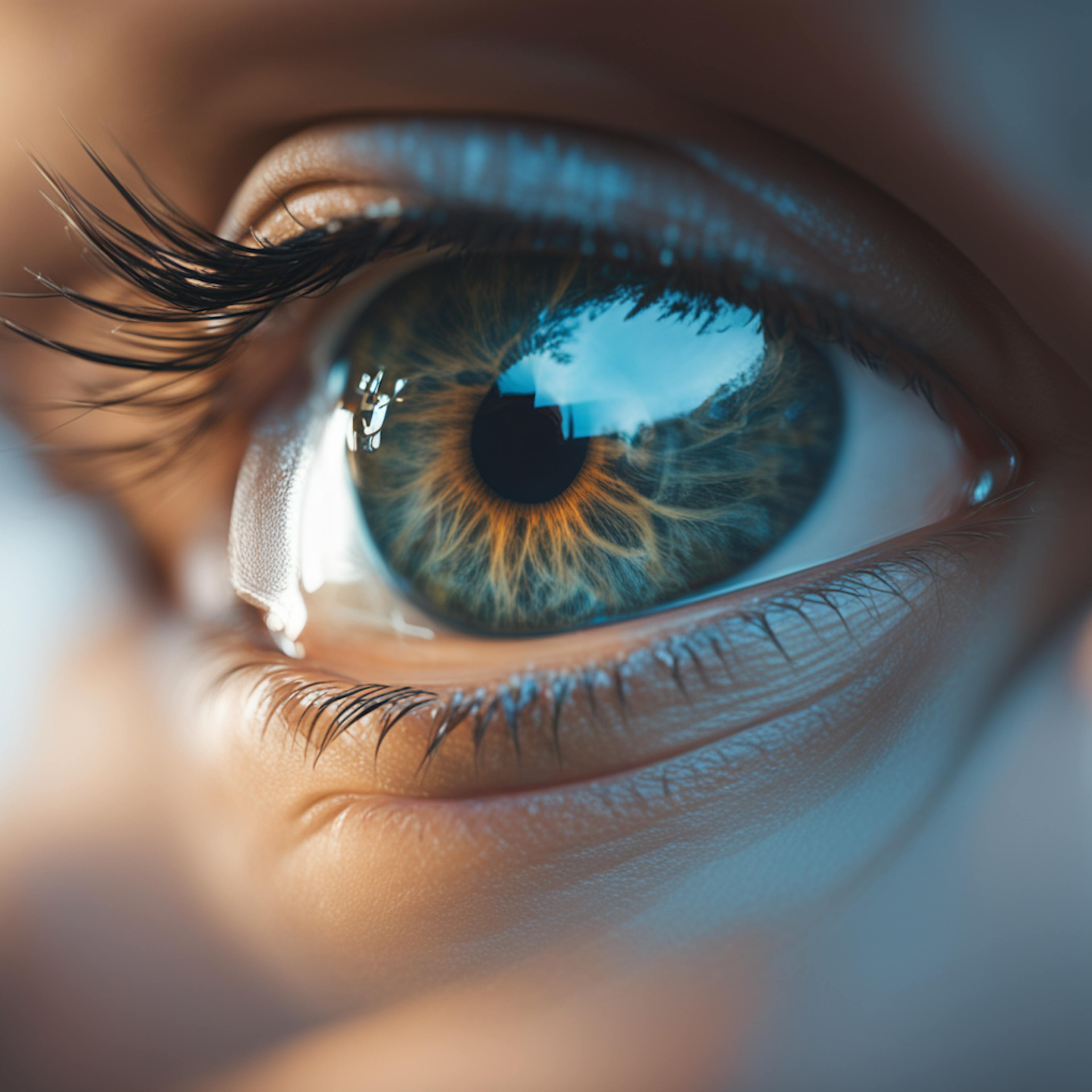 A detailed close-up of a human eye, reflecting vibrant colors and patterns, symbolizing the depth of perception and understanding in "history of natural language processing," as machines strive to replicate human cognition.