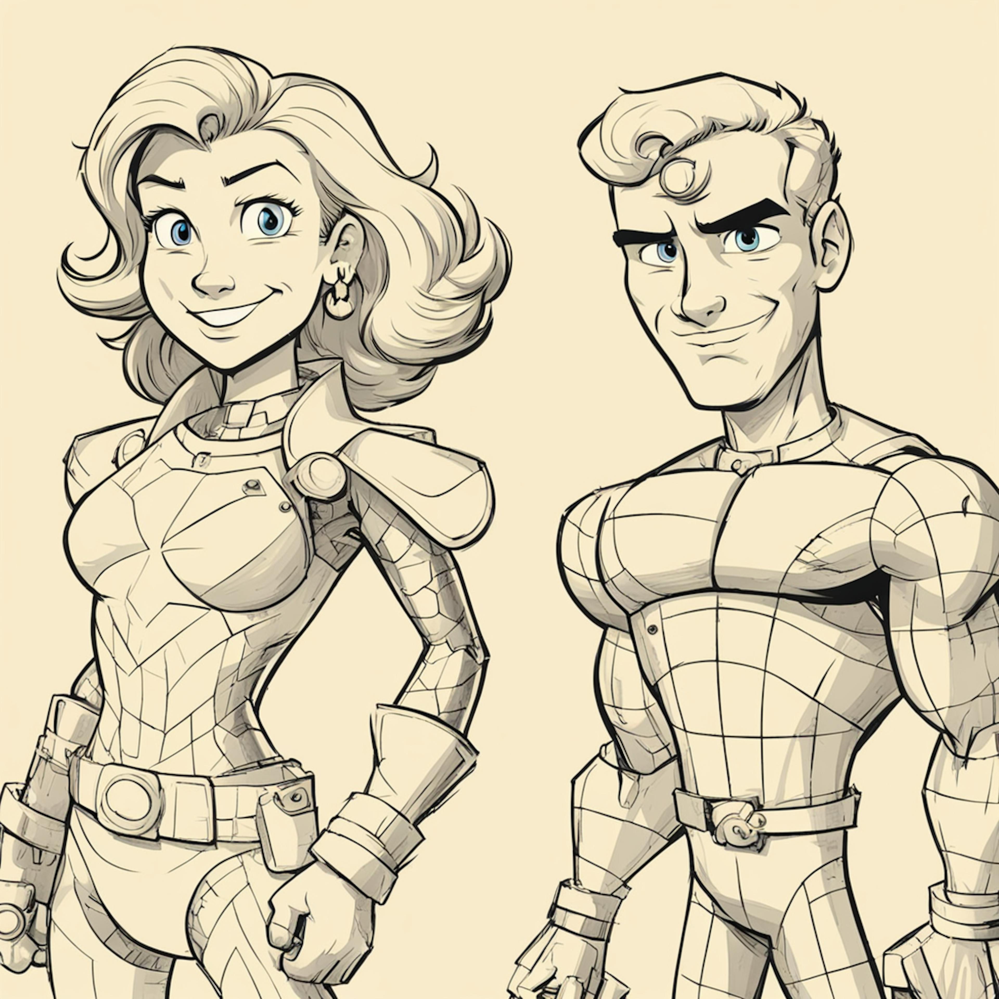 A pair of dynamic superhero characters sketched with expressive lines and detailed costumes, illustrating "graphic design tips 2025" for creating engaging character designs using bold shapes and intricate textures.