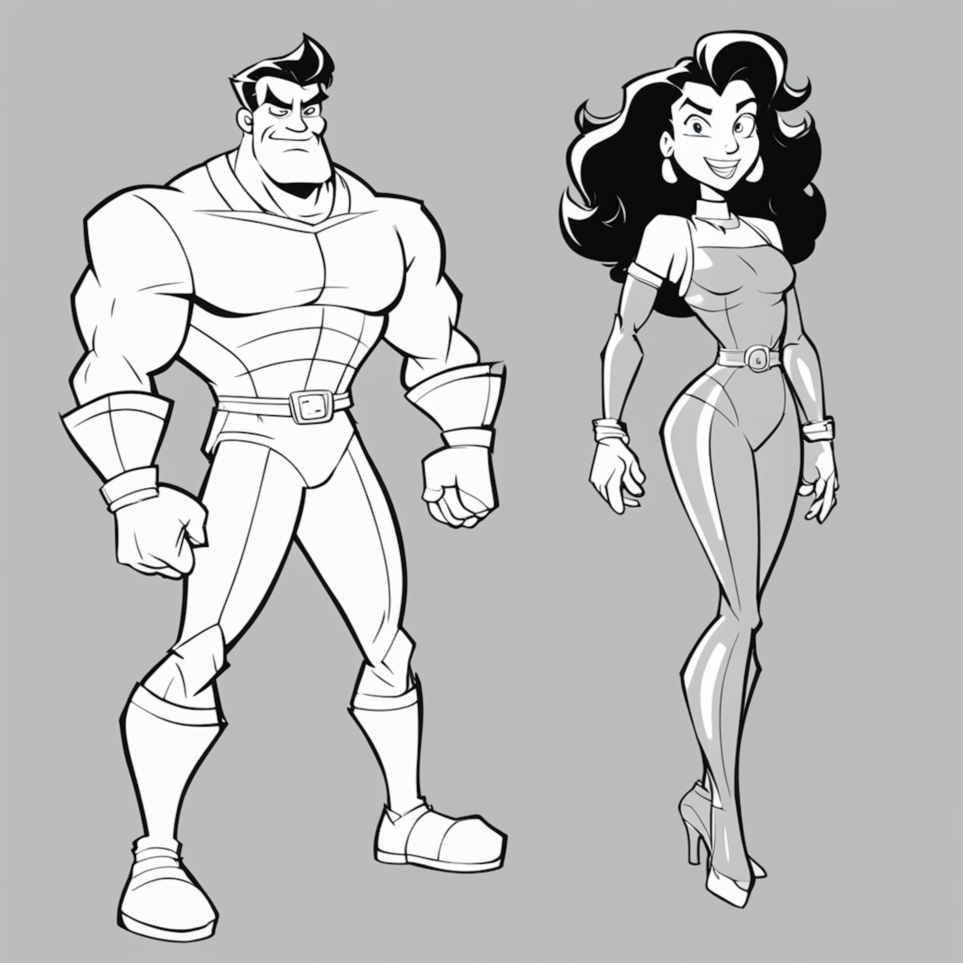 A contrasting duo of a strong male hero and a sleek female heroine drawn in a monochromatic style, showcasing "graphic design tips 2025" for emphasizing form and clarity through minimalism and high contrast.