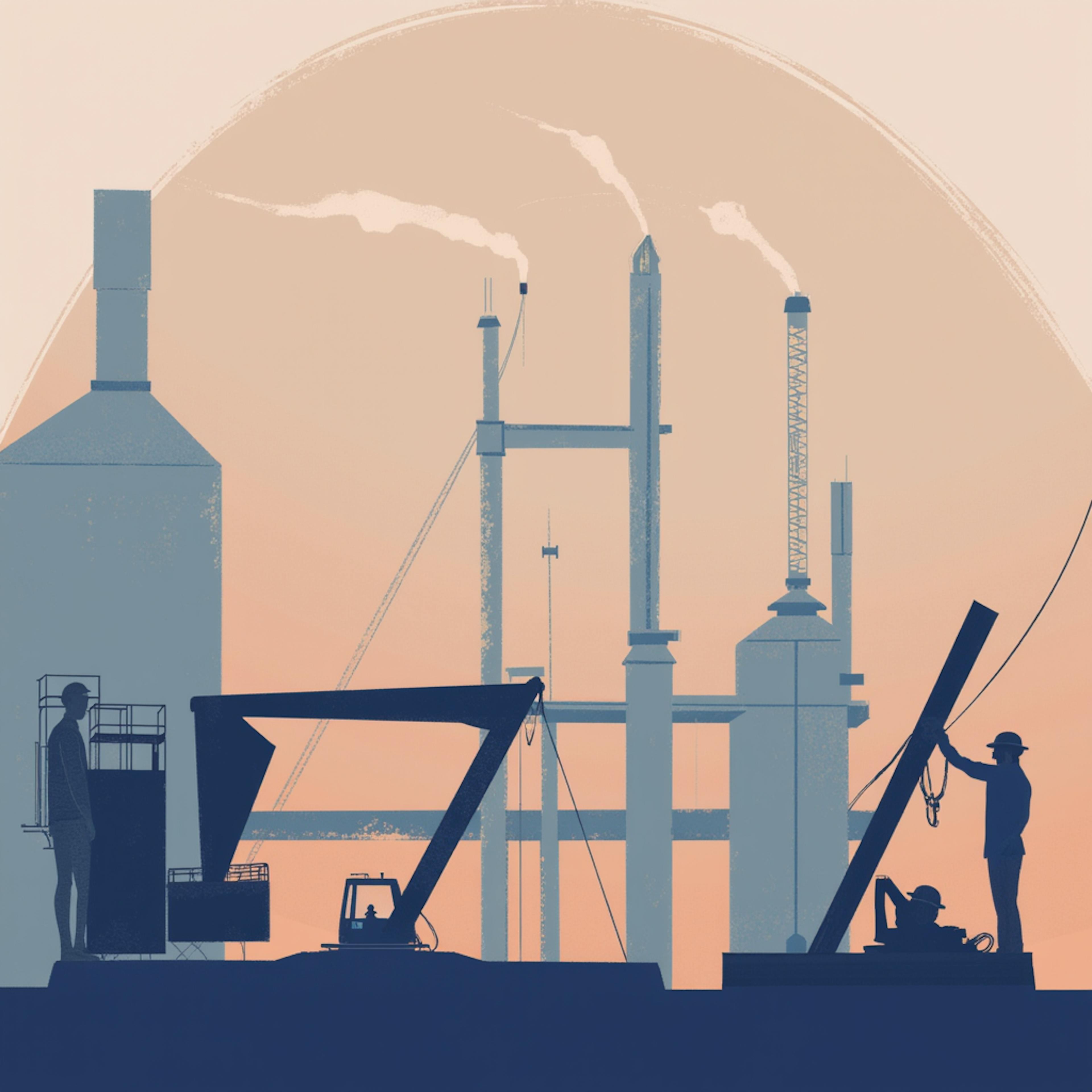 An industrial setting featuring silhouettes of workers and machinery amidst a factory landscape, symbolizing the transformation of manufacturing industries by AI technologies.