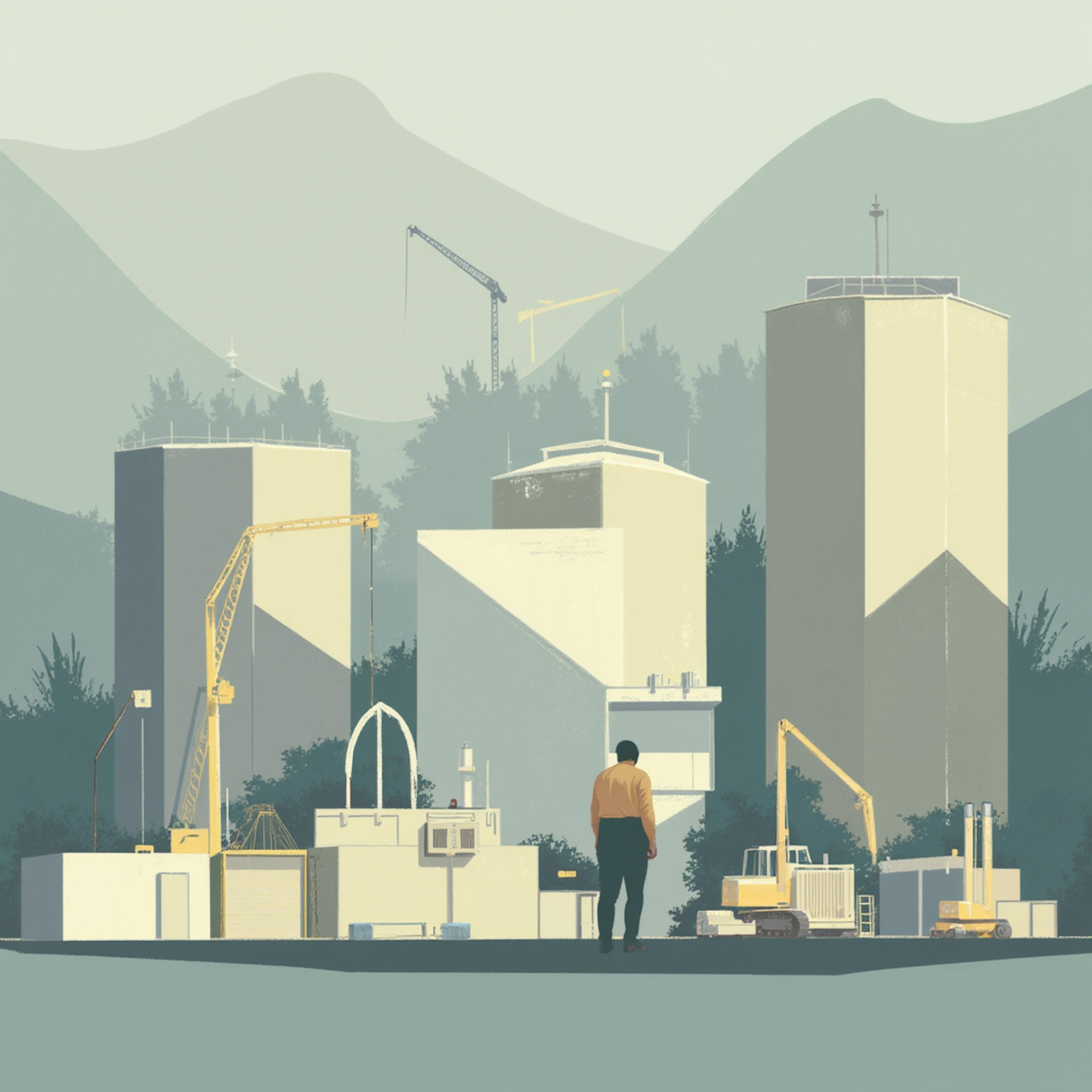 A construction site with cranes, buildings, and a solitary worker against a backdrop of mountains, illustrating the potential impact of AI on construction and urban development industries.