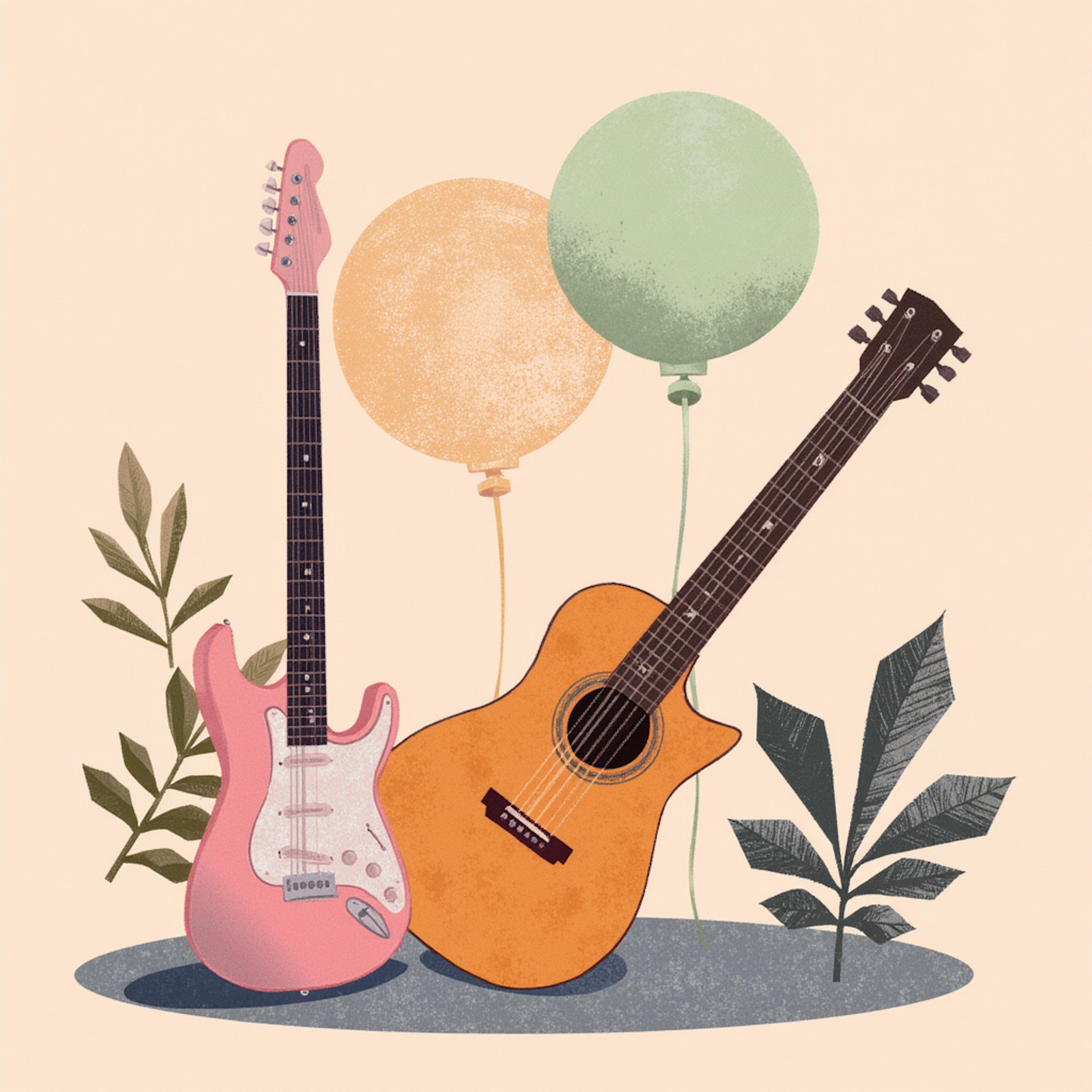 A vibrant composition featuring an acoustic and electric guitar surrounded by balloons and plants, representing how AI influences music creation and branding within the industry.