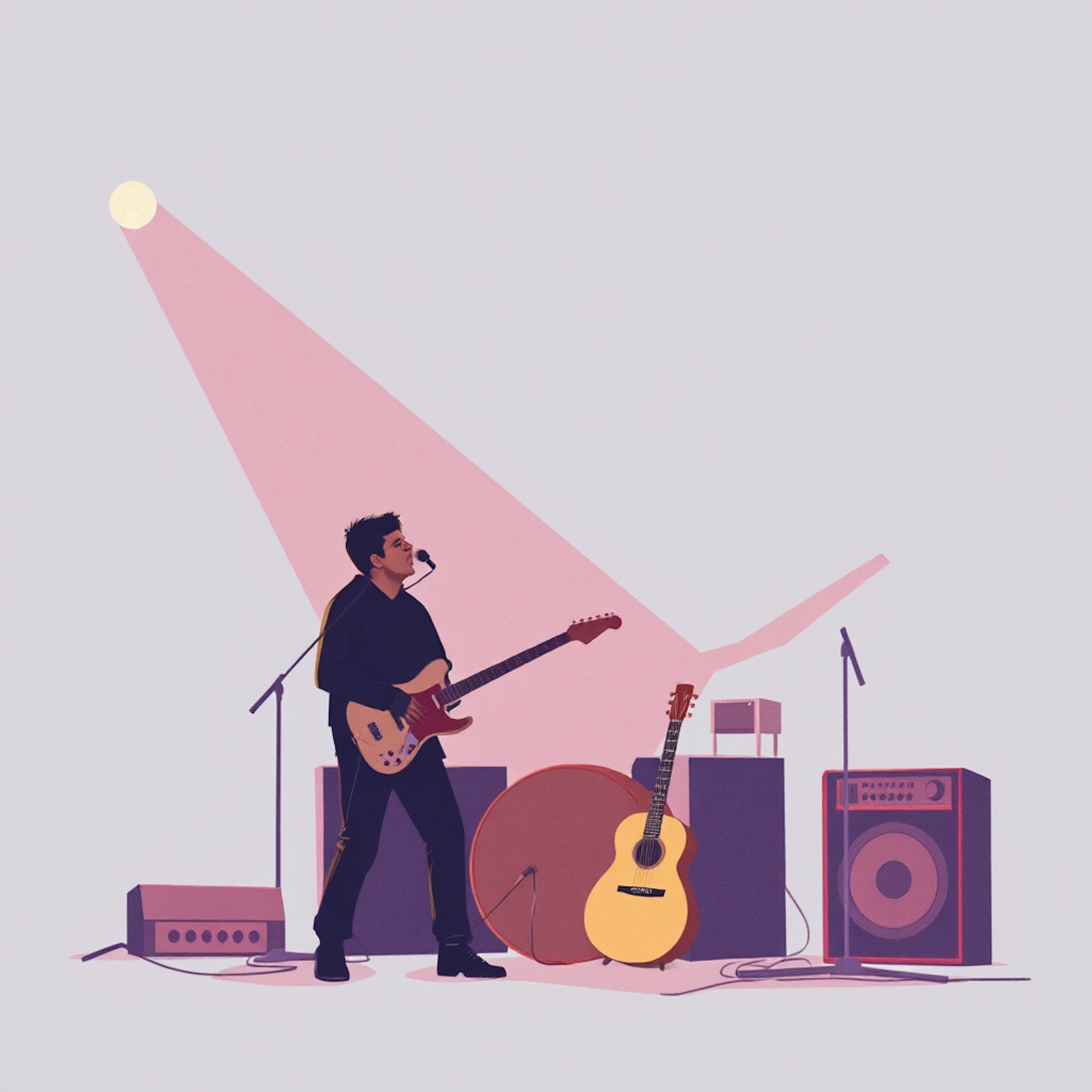 A solo musician performing on stage with guitars and amplifiers under a spotlight, symbolizing the evolving role of AI in live performances and the music industry.