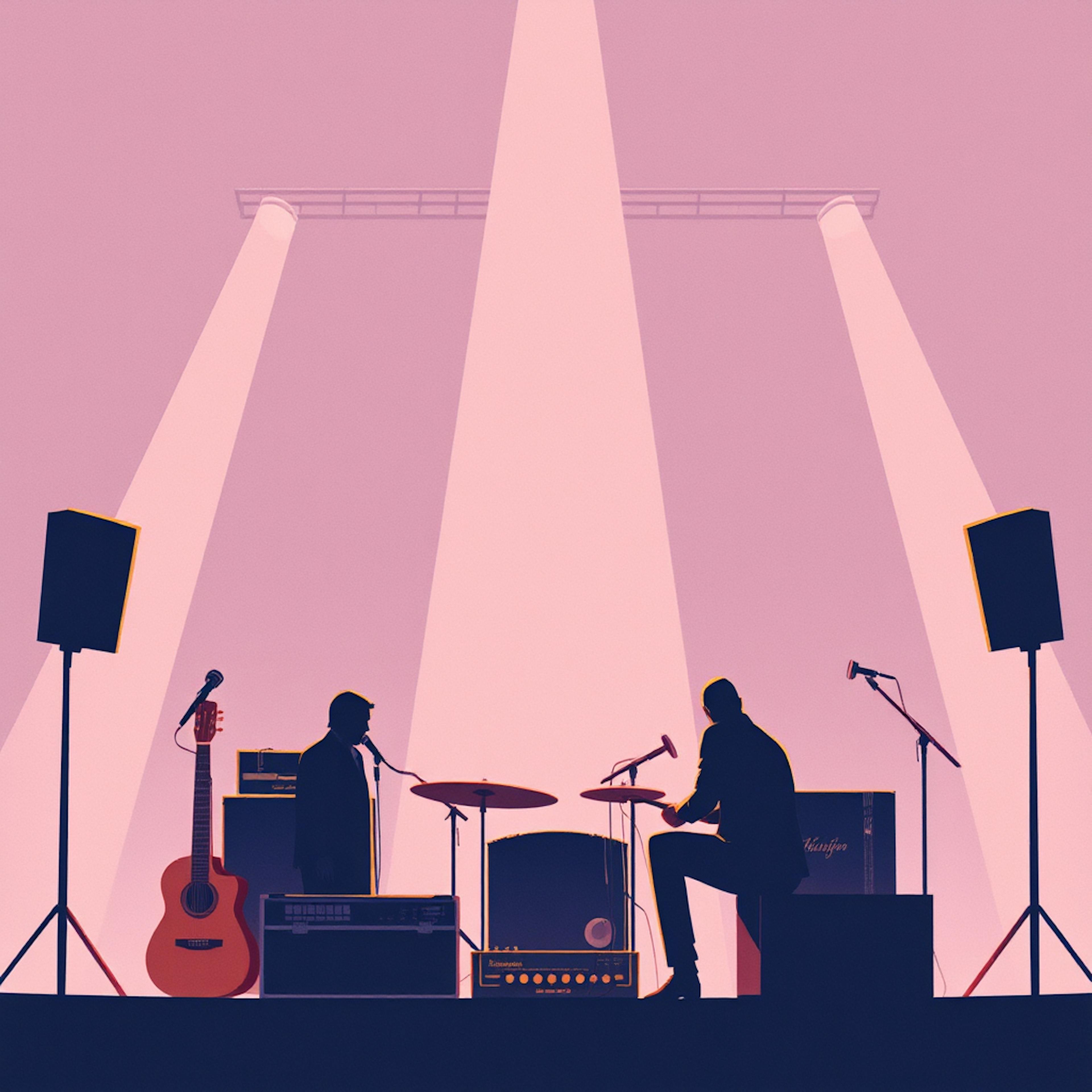 A stage setup with silhouettes of two musicians rehearsing under dramatic lighting, capturing the potential of AI in reshaping music production and collaboration processes.