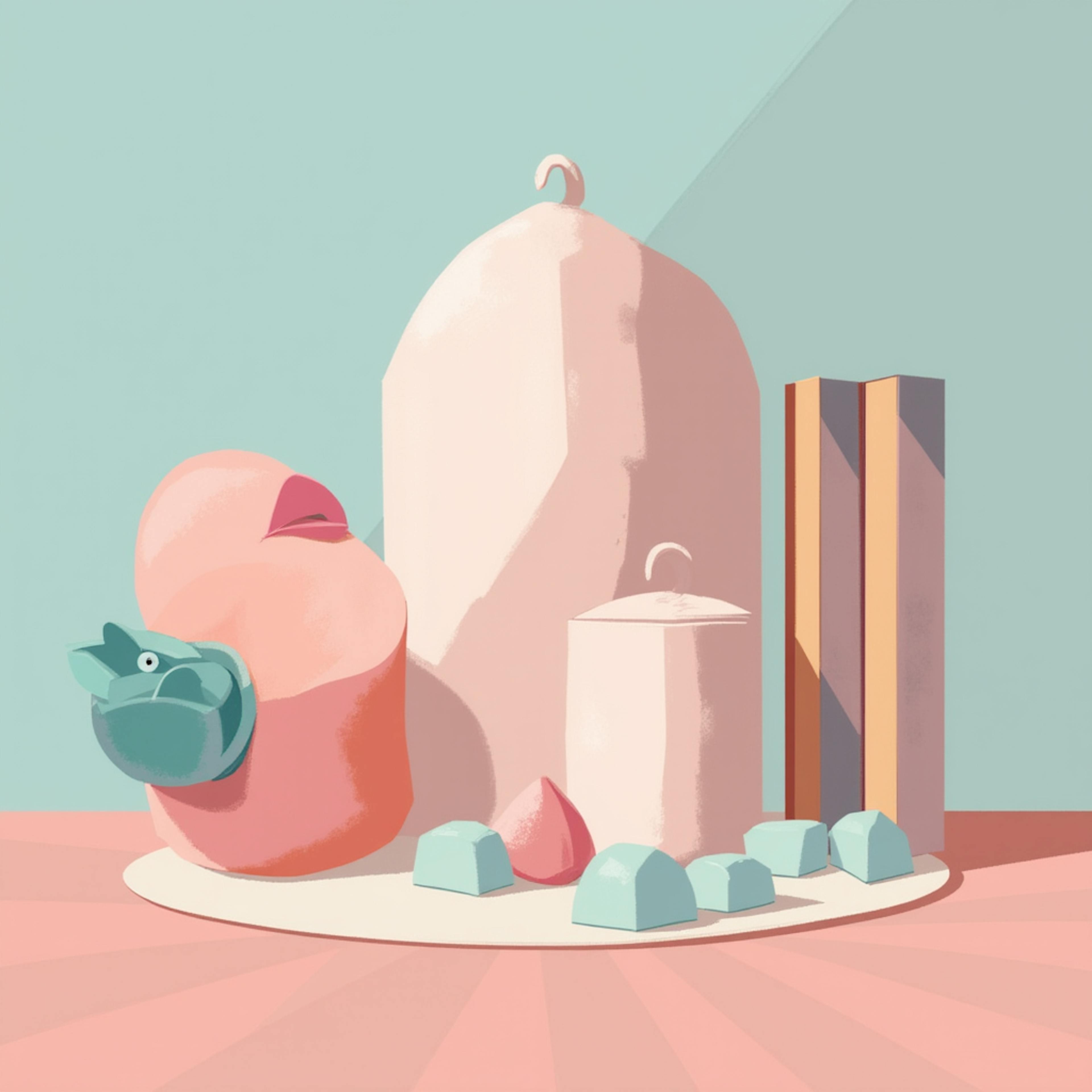 A soft-toned arrangement of abstract objects including pastel shapes and geometric forms, evoking modern minimalism and suitable for creative marketing photography.