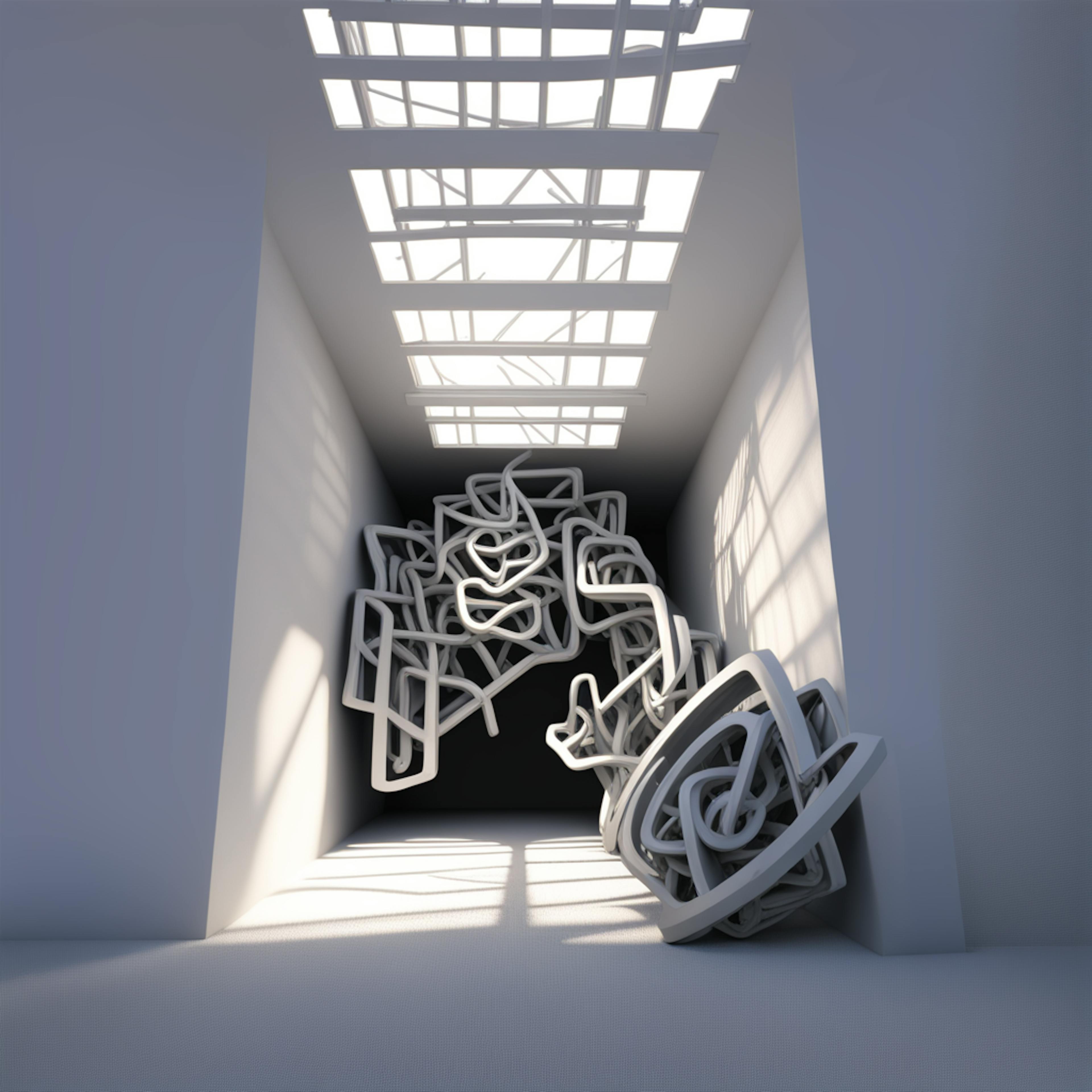 An architectural installation of twisted and overlapping line segments forming an abstract path in a high-ceiling space, ideal for experimental graphic design projects.