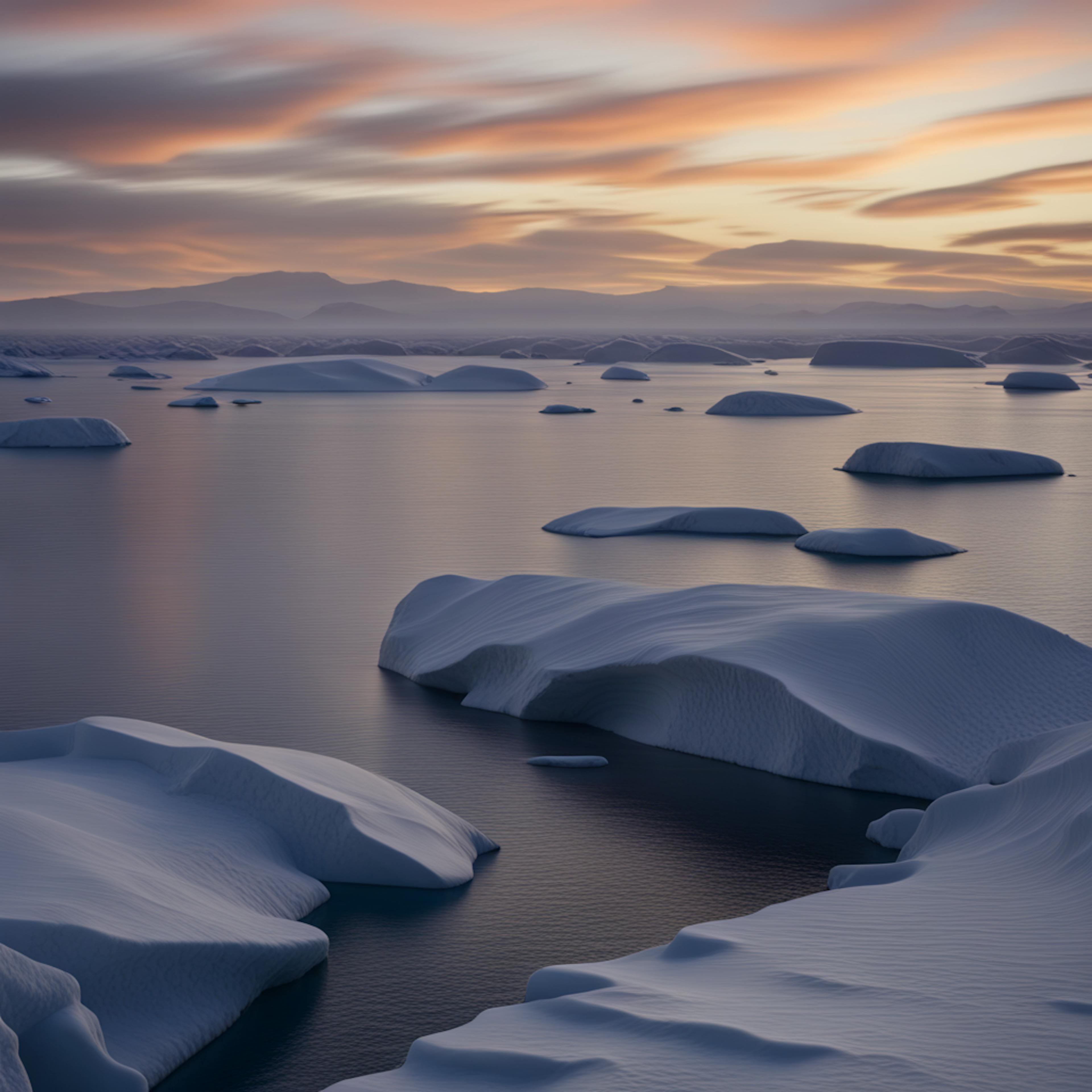 A sweeping vista of a frozen expanse dotted with ice formations, bathed in soft pastel hues of a setting sun, offering a captivating perspective in landscape art.