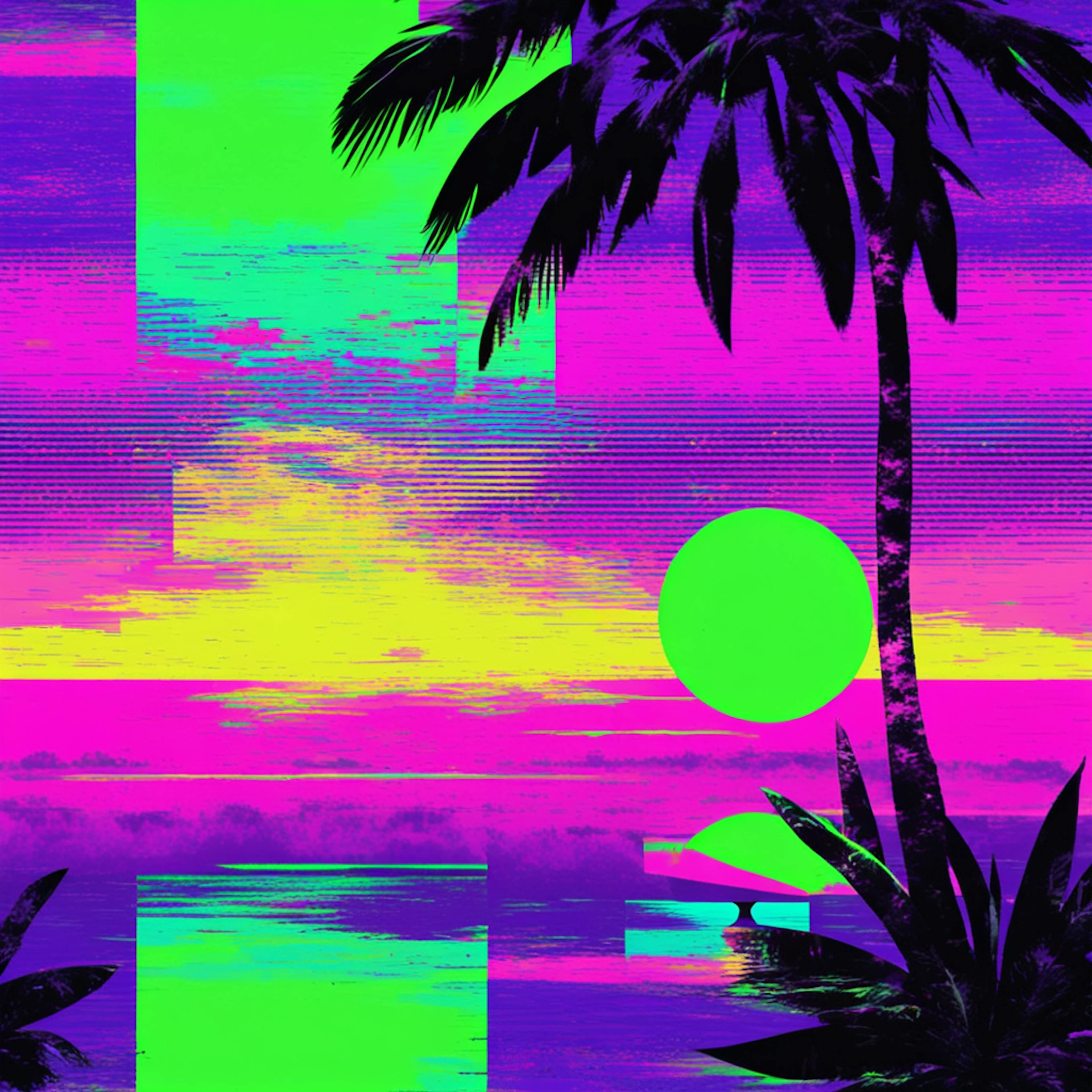 A glitch-inspired tropical scene with bold neon greens, pinks, and yellows, merging analog textures and digital distortion to showcase experimental "graphic design art styles."