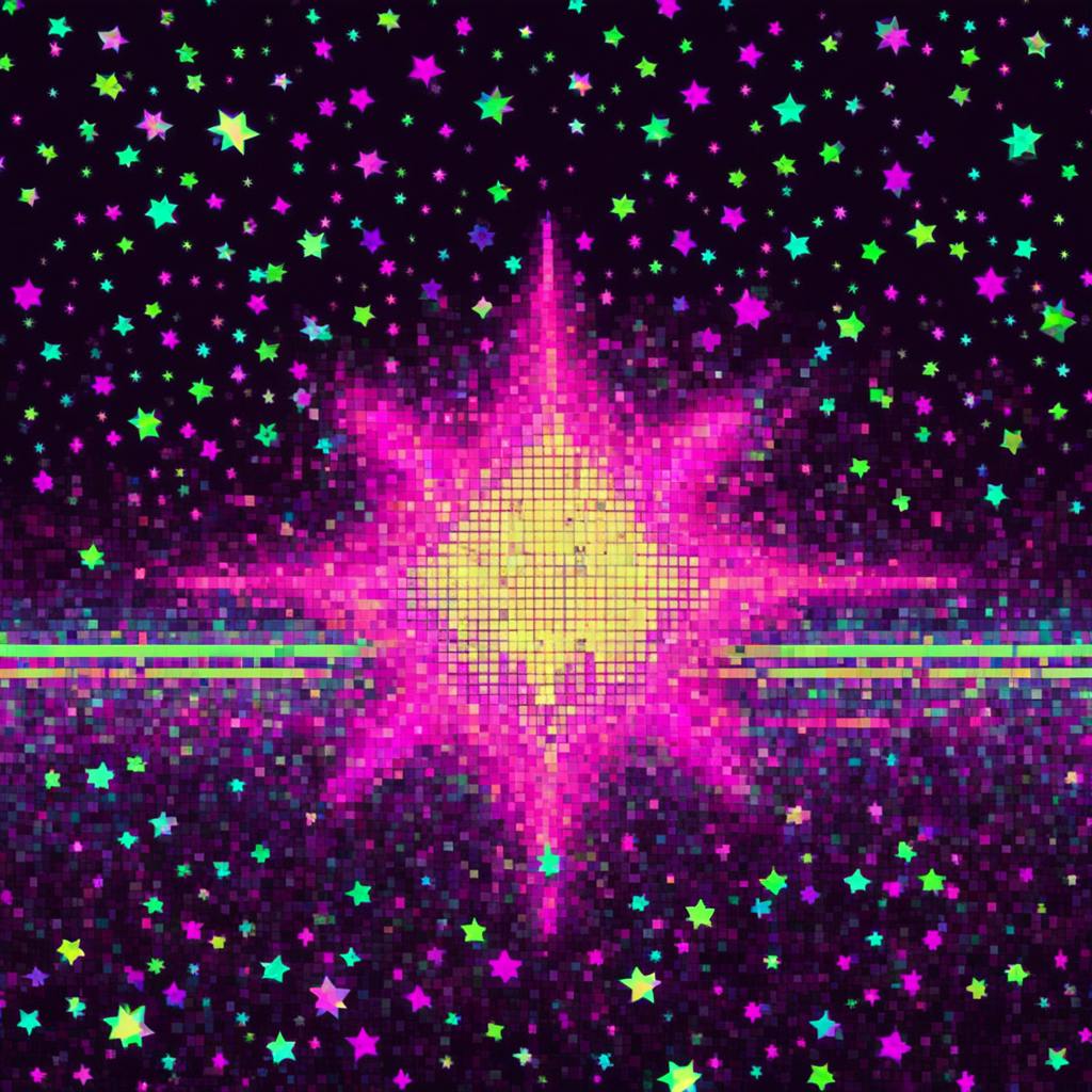 A pixelated explosion of pink and yellow with scattered neon stars on a dark background, exemplifying retro-futuristic "graphic design art styles" with vibrant digital aesthetics.