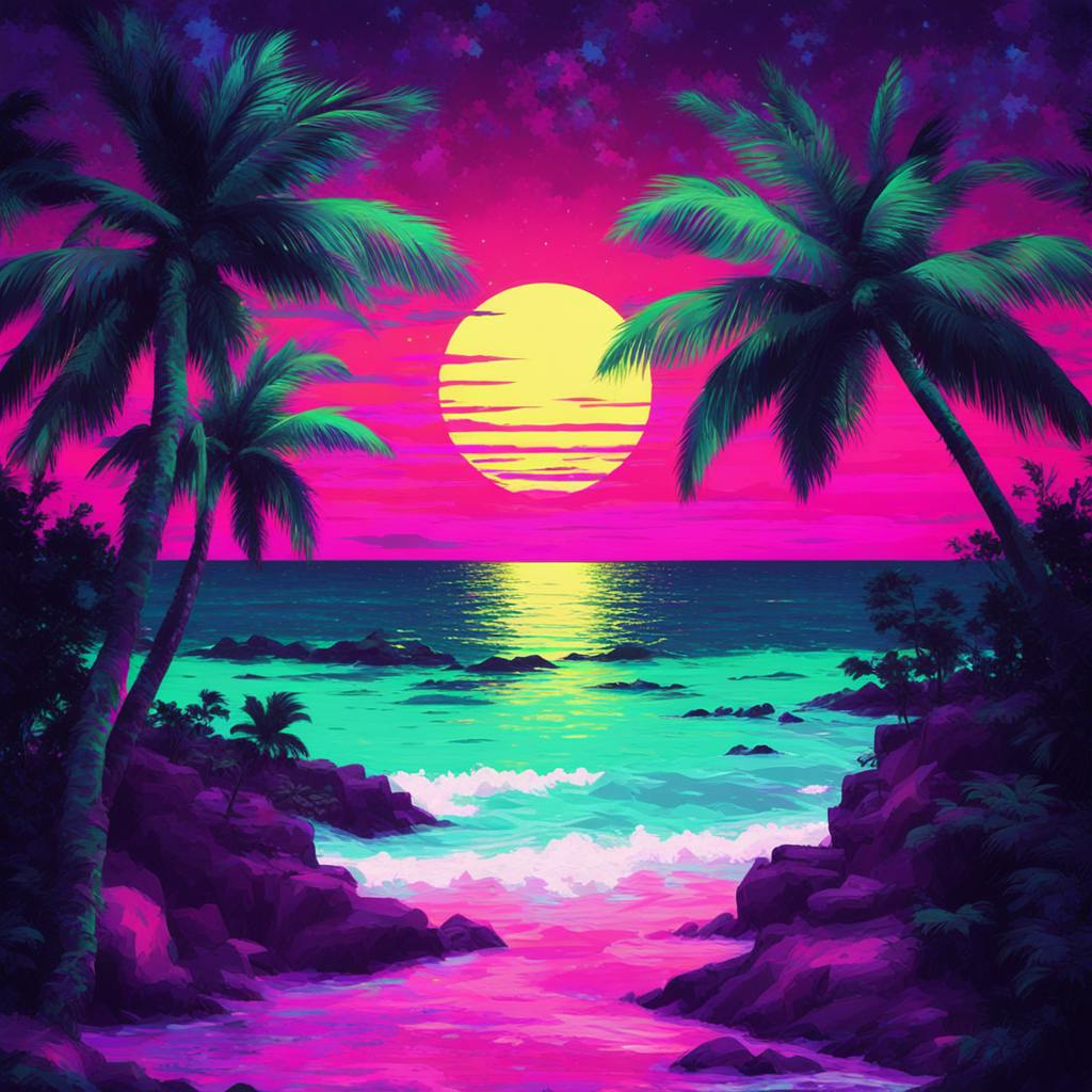 A vivid, tropical sunset with radiant pinks and greens, framed by lush palm trees and a glowing horizon, embodying surreal "graphic design art styles" that mix natural beauty with heightened color palettes.
