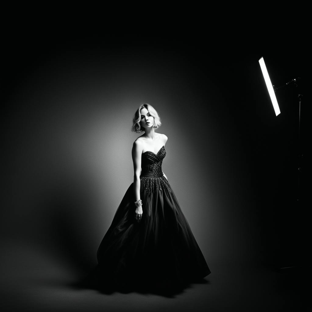 A black-and-white portrait of a woman in an elegant gown under a spotlight, evoking classic Hollywood glamour and representing "film iconography" with timeless sophistication.