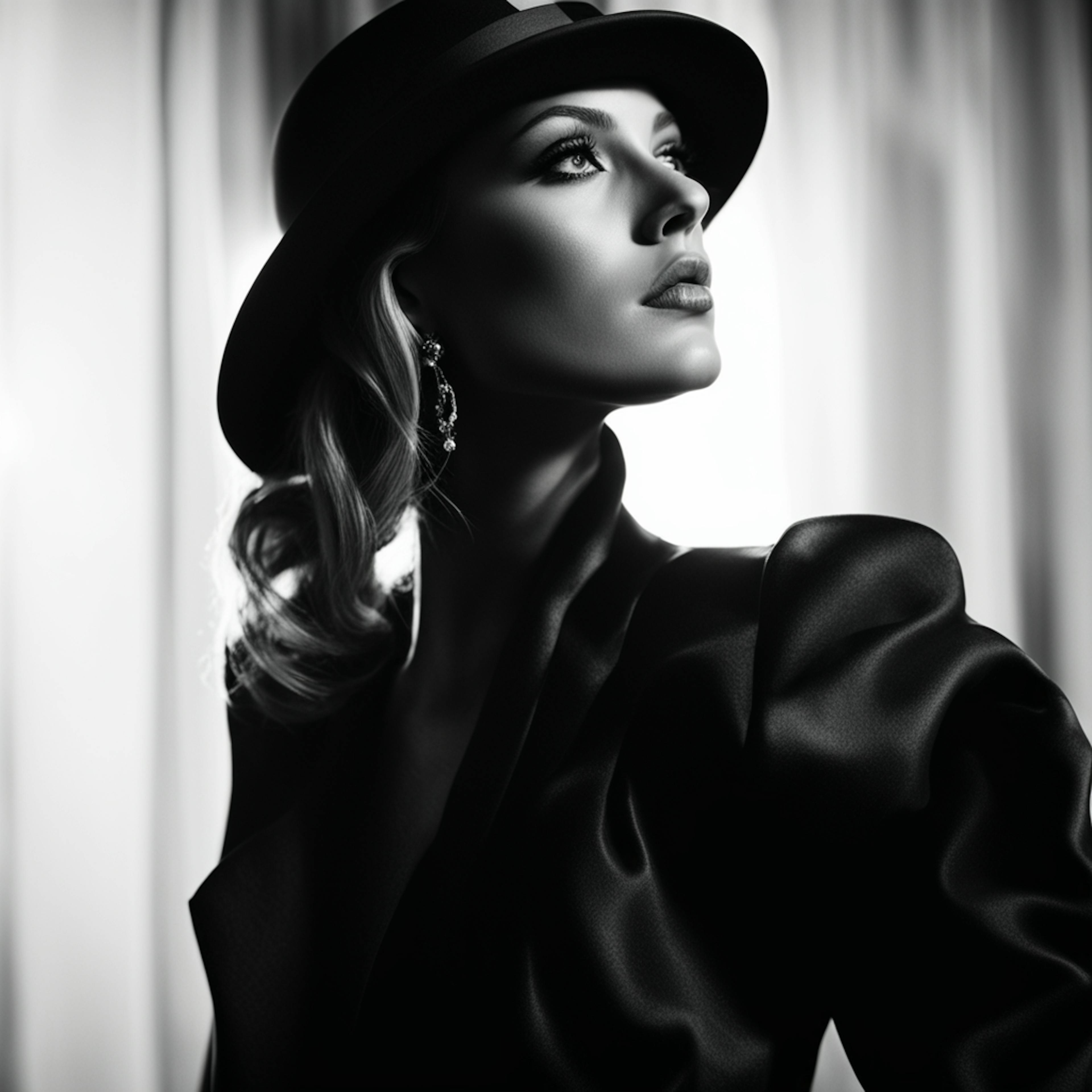 A striking close-up of a woman in a dramatic hat and earrings, illuminated against a softly blurred background, capturing the essence of "film iconography" through bold contrasts and cinematic allure.