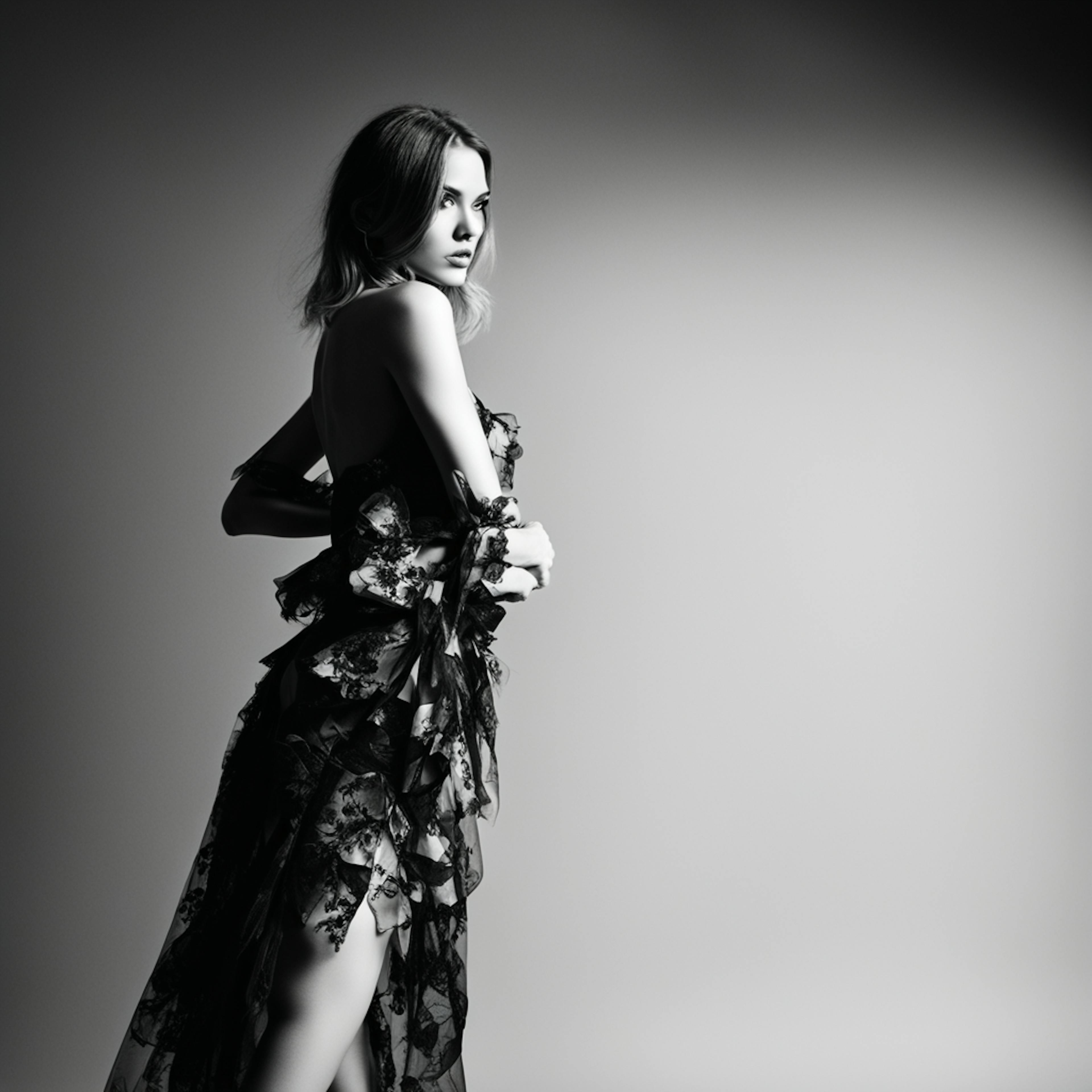 A monochrome image of a woman in a flowing lace dress, posed with poise in a minimalist studio setting, embodying the visual storytelling and elegance central to "film iconography."