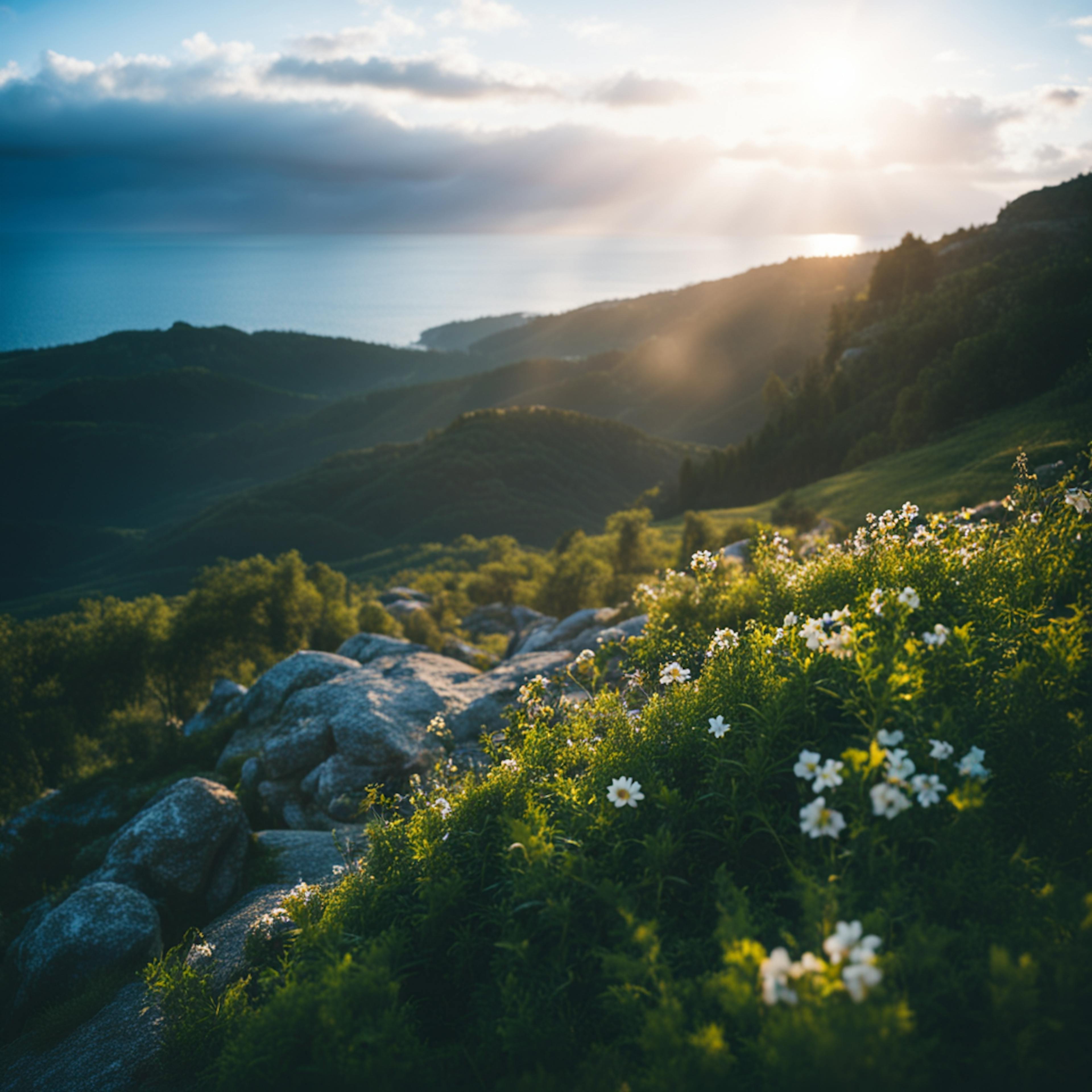 A serene mountain landscape with wildflowers in the foreground and sunlight streaming over rolling hills, capturing the harmony of "environmental typography graphic design" through nature-inspired elements and organic flow.