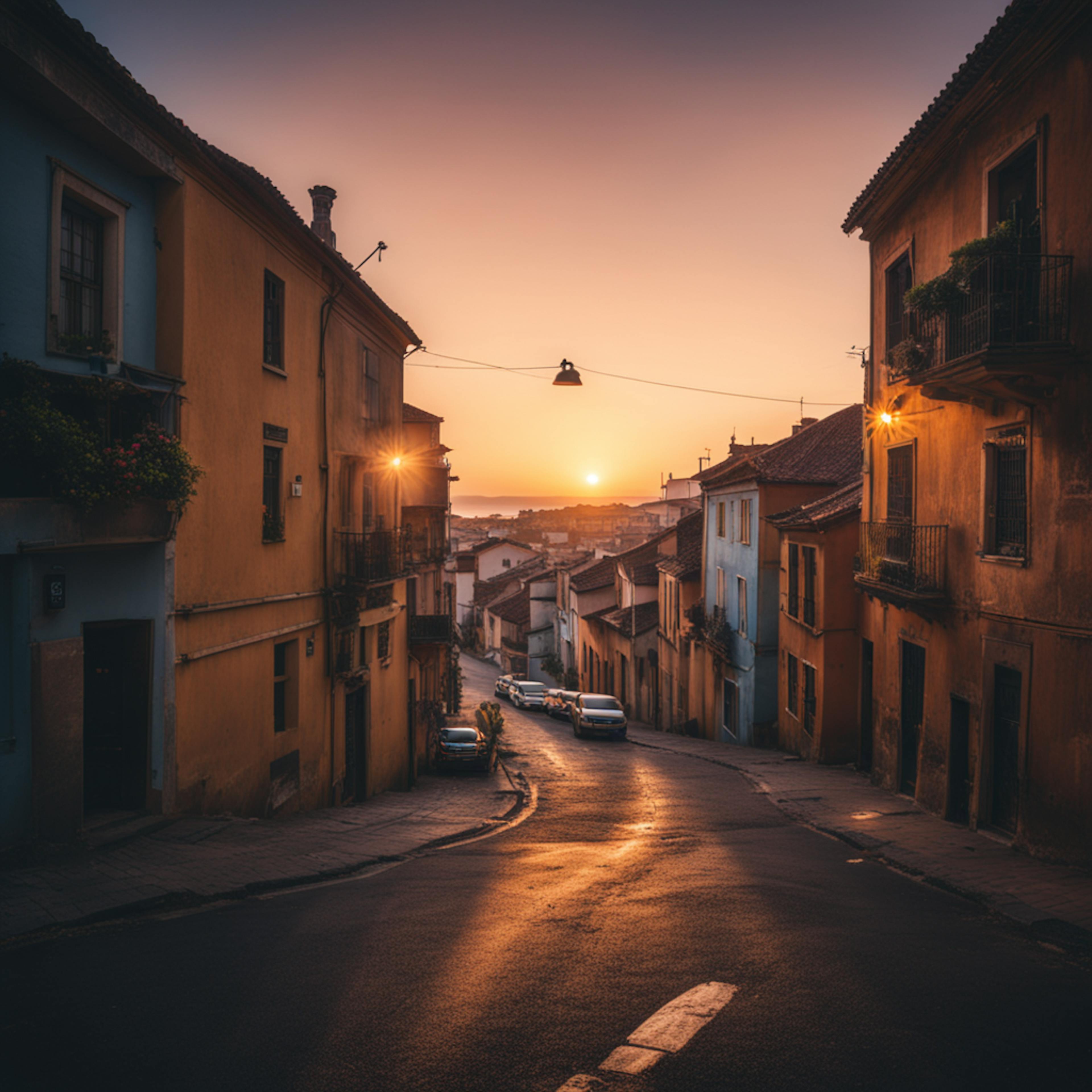 A quiet street bathed in the warm glow of sunset, with rustic houses and soft streetlights, illustrating how "environmental typography graphic design" can evoke emotion and a sense of place through atmospheric color palettes.