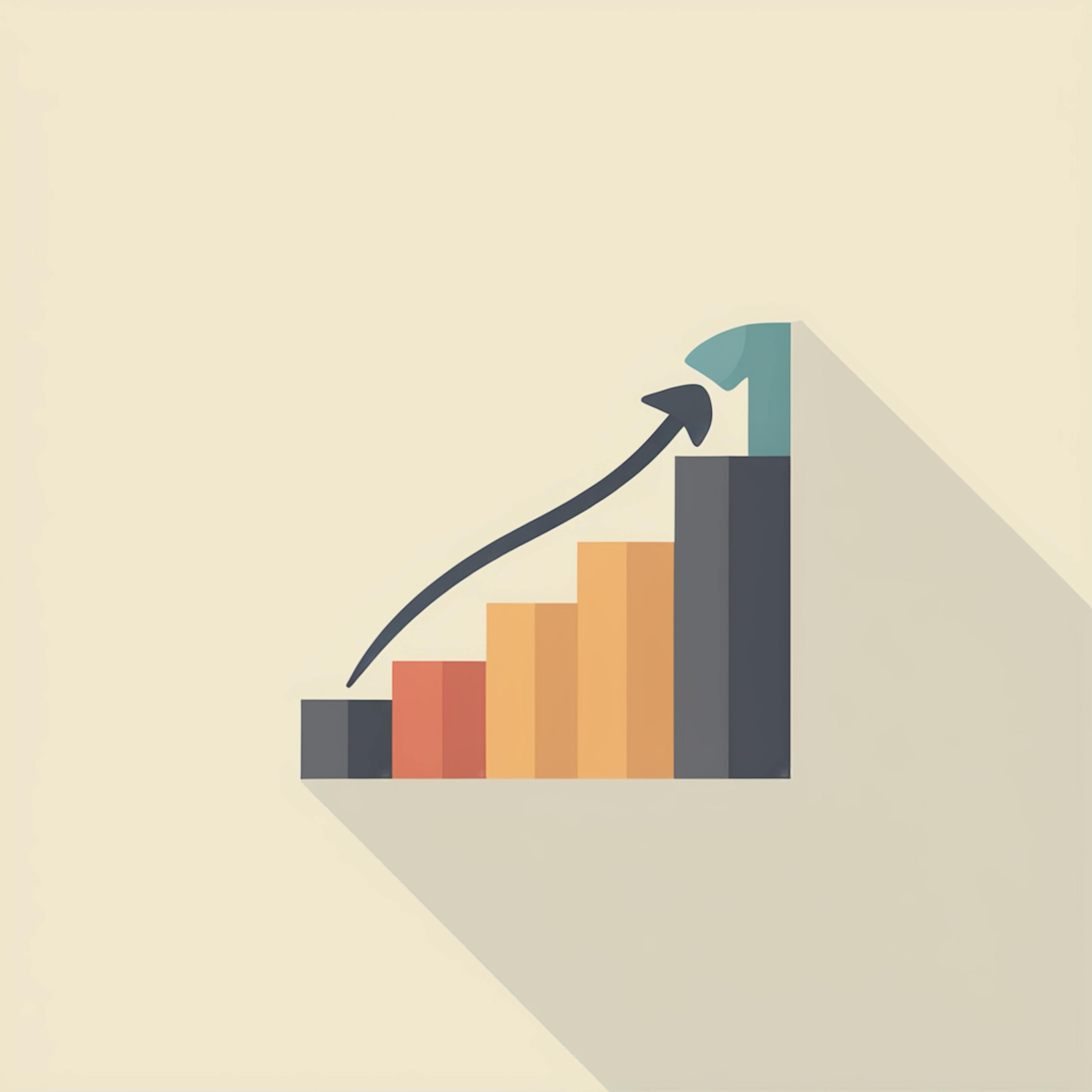 A simple bar chart with a sleek upward arrow, placed on a soft pastel background, emphasizing "design trends for 2025 graphic design" that combine minimalism with storytelling in data visualization.