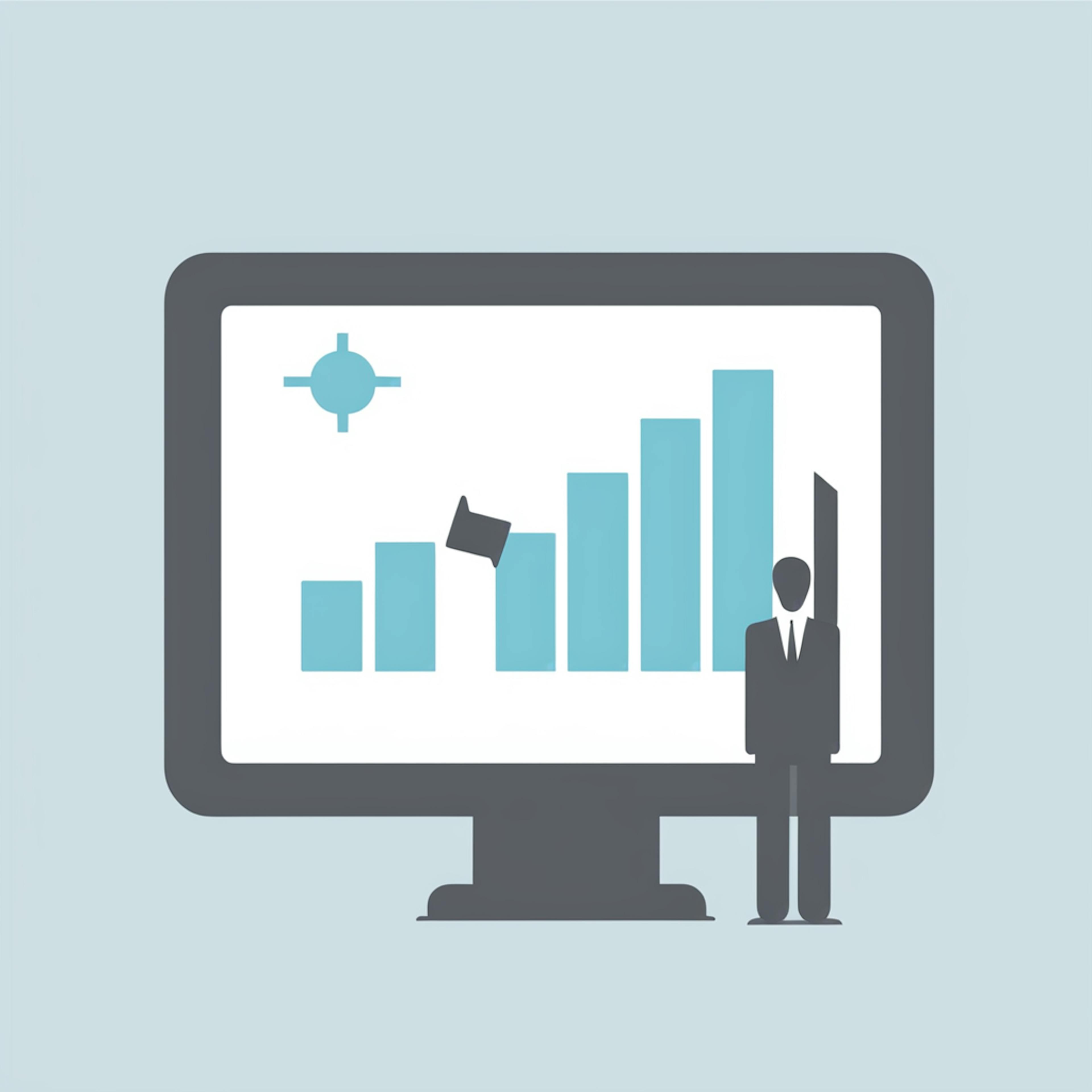 A digital monitor displaying a bar graph and a business figure silhouette, illustrating "design trends for 2025 graphic design" that prioritize user interface design and the fusion of data and professional branding.