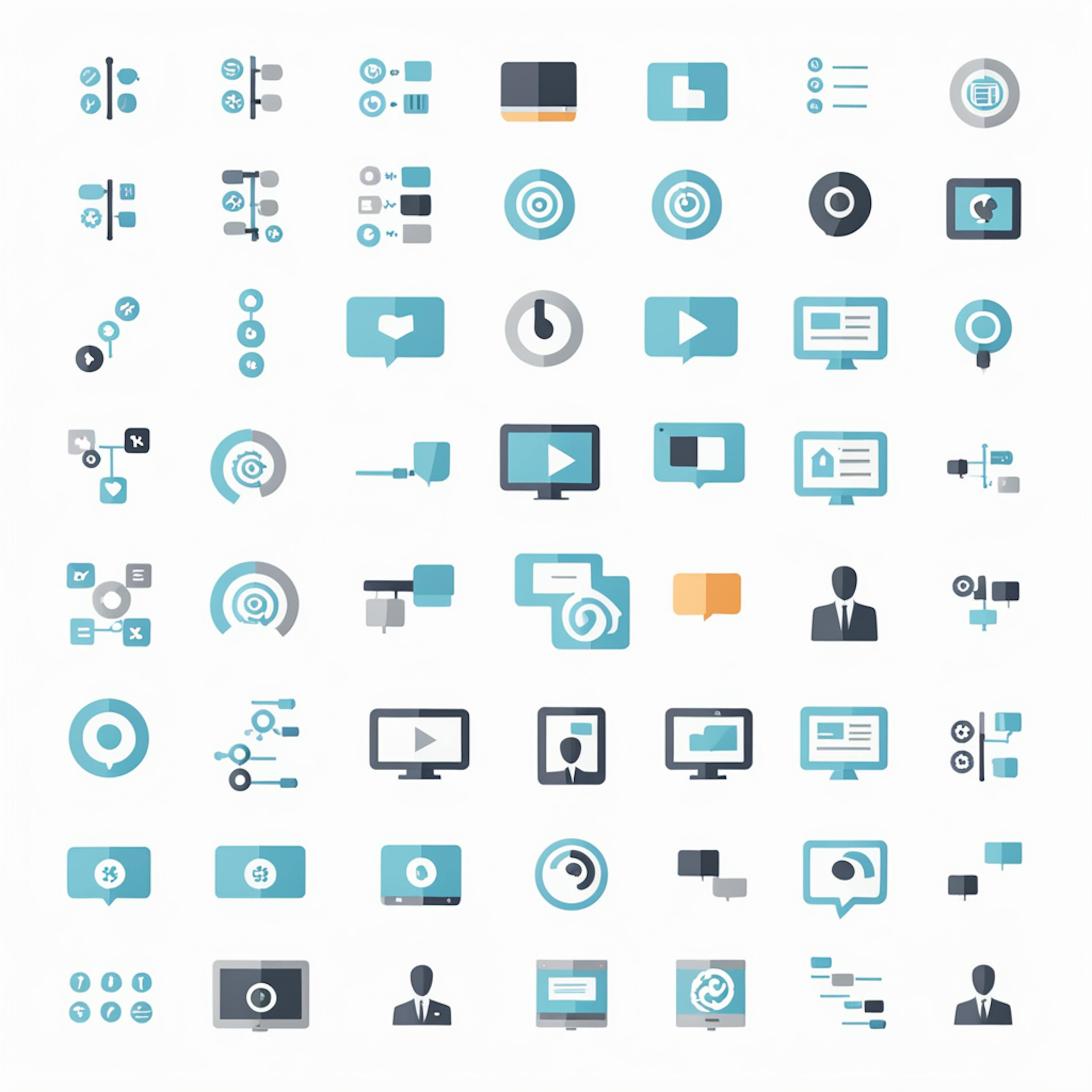 A grid of minimalistic blue and gray icons featuring elements like computers, charts, and communication tools, illustrating "digital iconography" focused on clean and functional design for user interfaces.