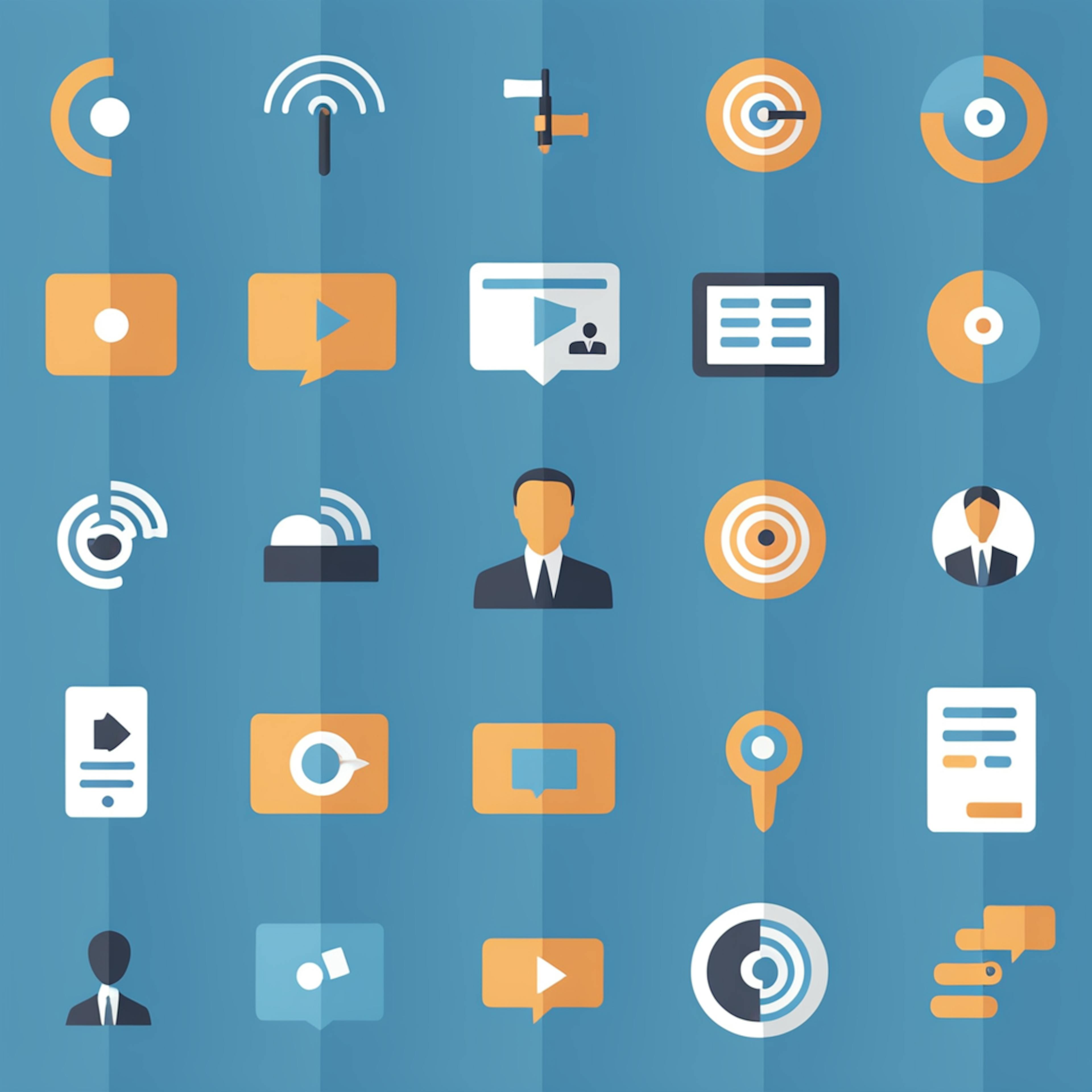 A set of icons on a blue background, featuring designs for communication, analytics, and technology, emphasizing "digital iconography" that blends simplicity with bold, professional themes.