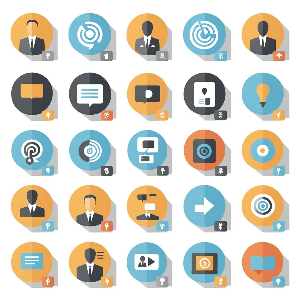 A collection of colorful circular icons with flat shadows, showcasing symbols like businesspeople, graphs, and text bubbles, representing "digital iconography" with vibrant aesthetics and modern usability.