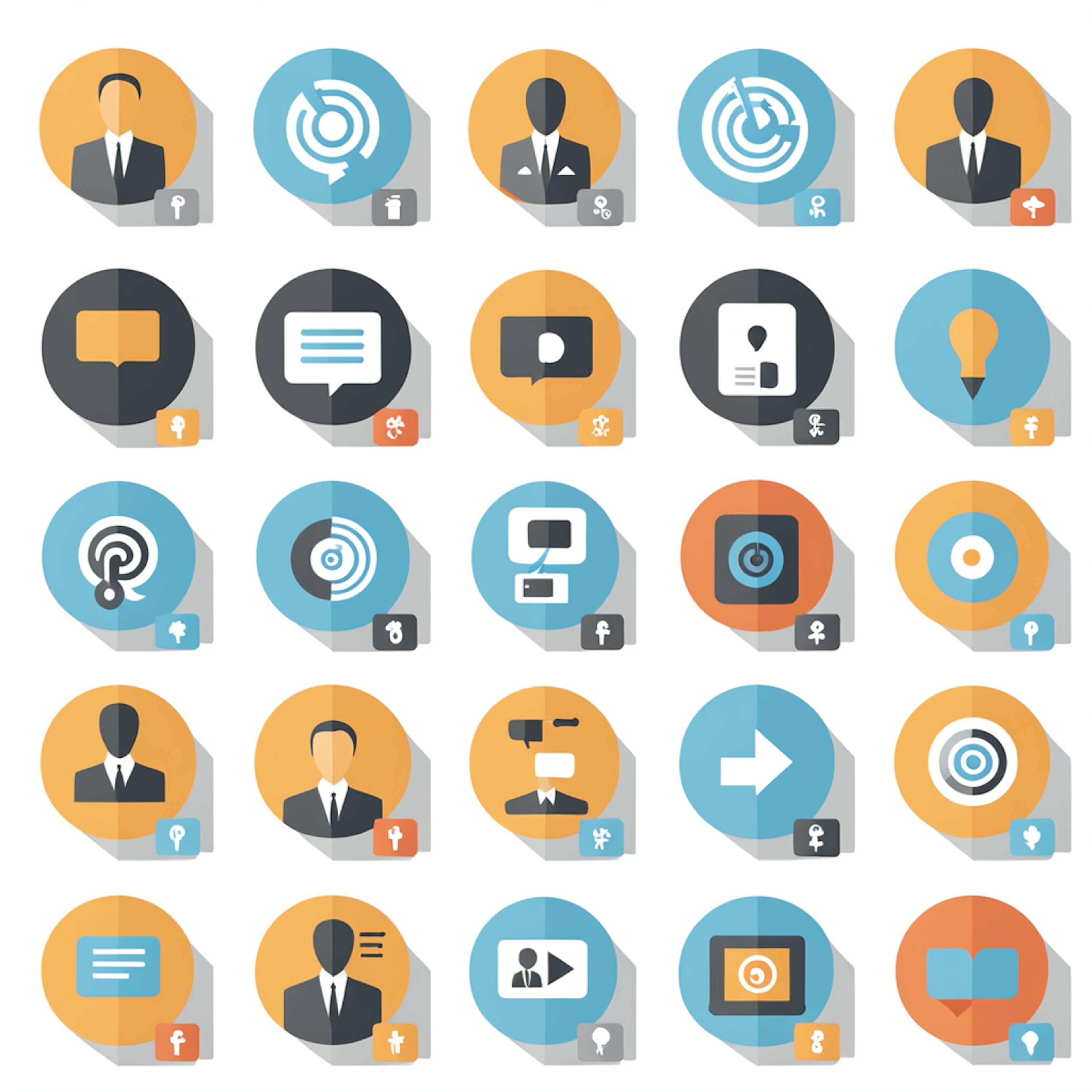 A collection of colorful circular icons with flat shadows, showcasing symbols like businesspeople, graphs, and text bubbles, representing "digital iconography" with vibrant aesthetics and modern usability.