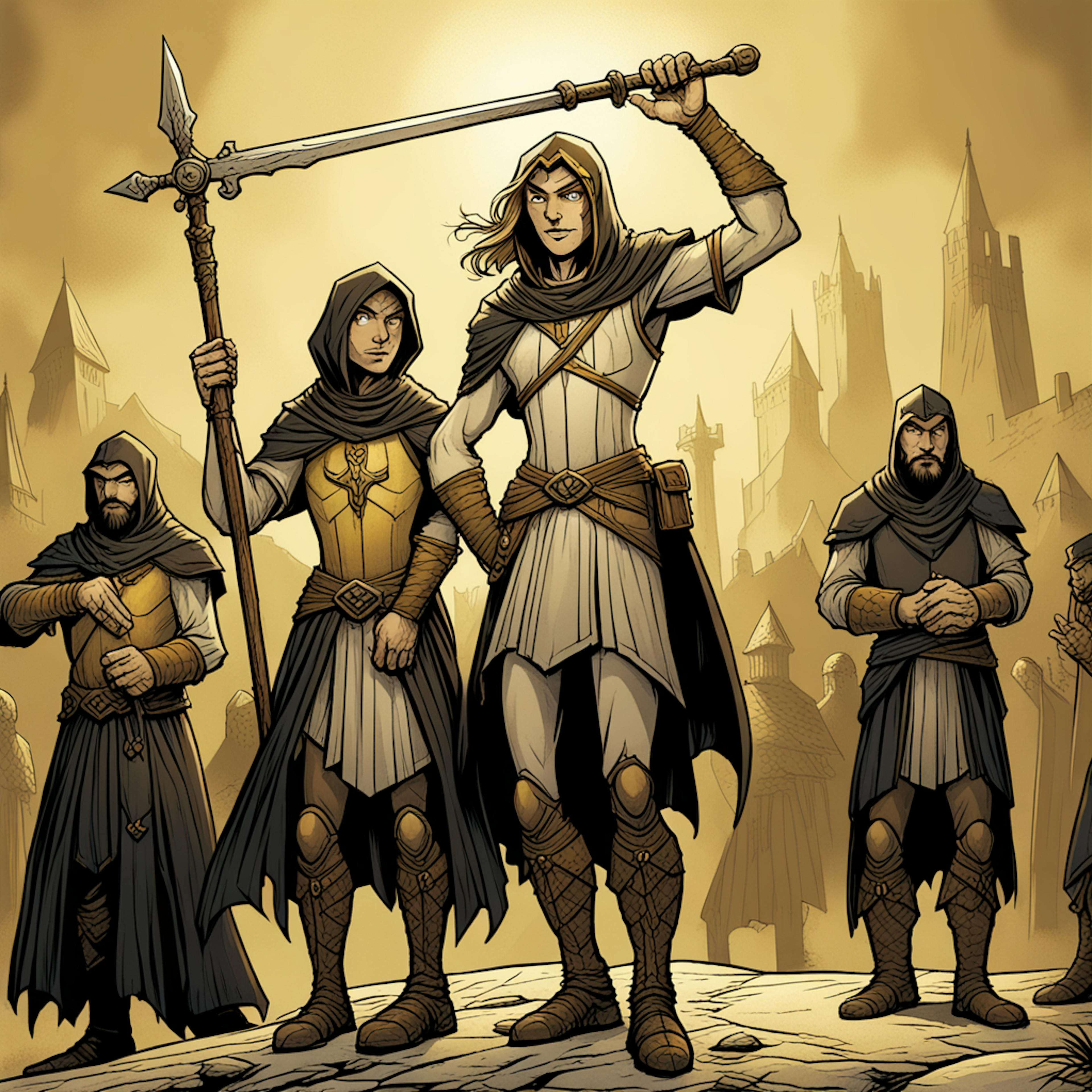 A group of armored warriors holding weapons, with a castle backdrop and golden light, symbolizing unity and power in a striking iconography illustration.