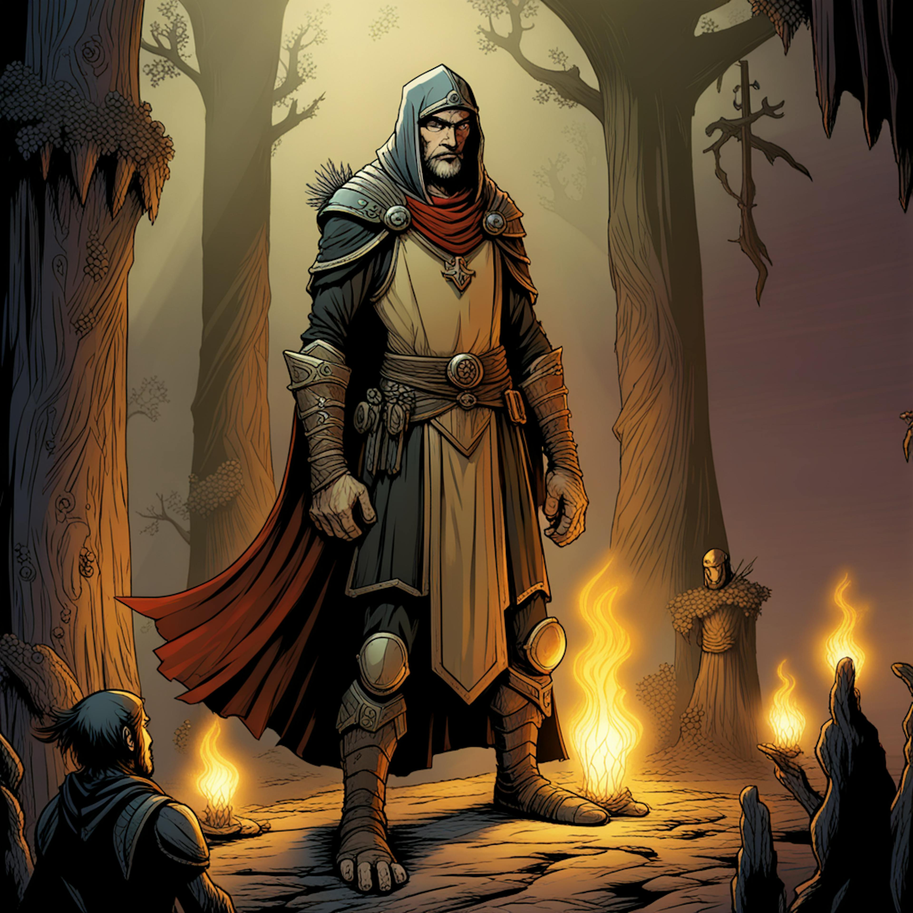 A lone warrior clad in medieval armor, illuminated by firelight in a shadowy forest setting, representing a dramatic iconography illustration of bravery and mysticism.