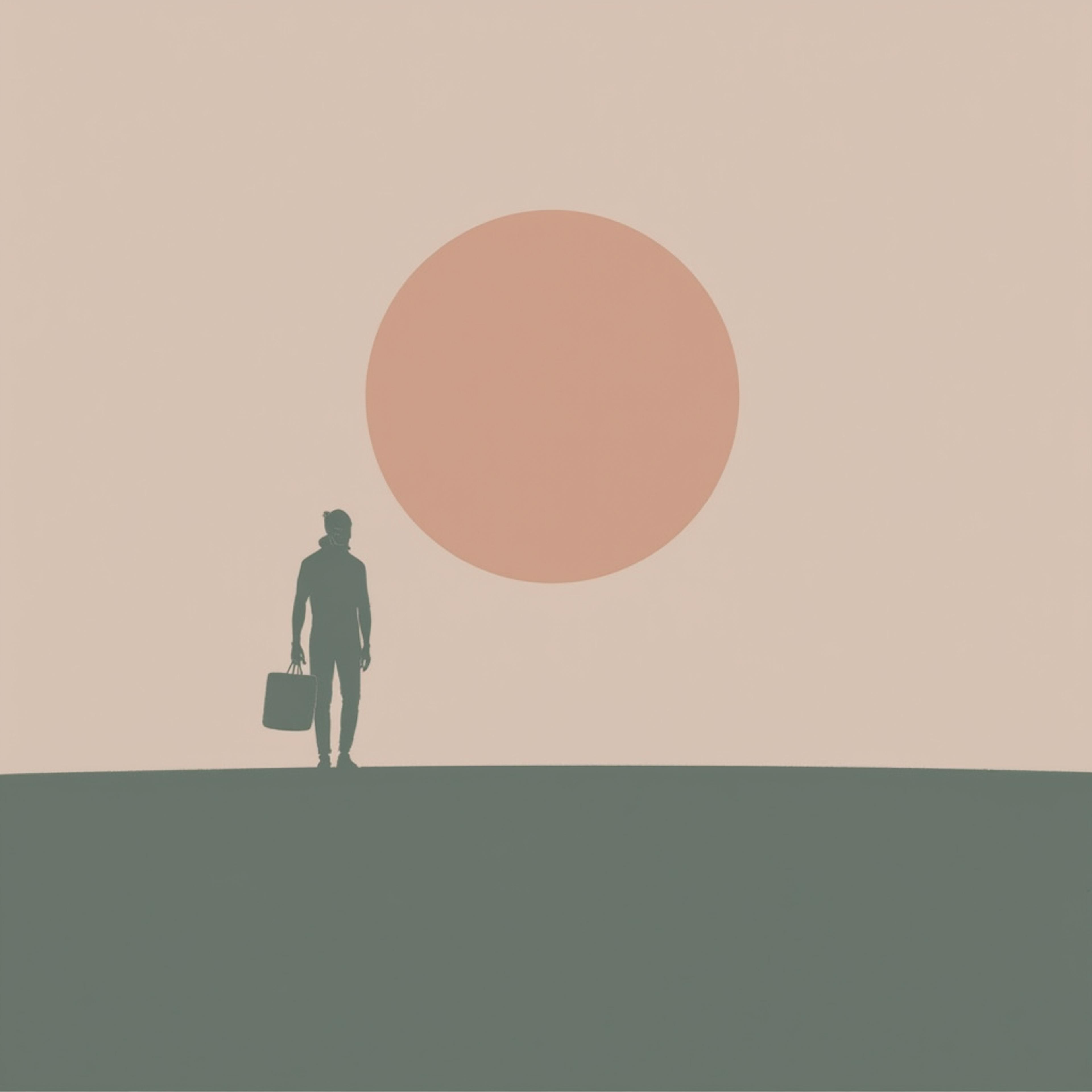 A minimalist silhouette of a person walking with a bag under a large sun, symbolizing exploration and simplicity in iconography design.