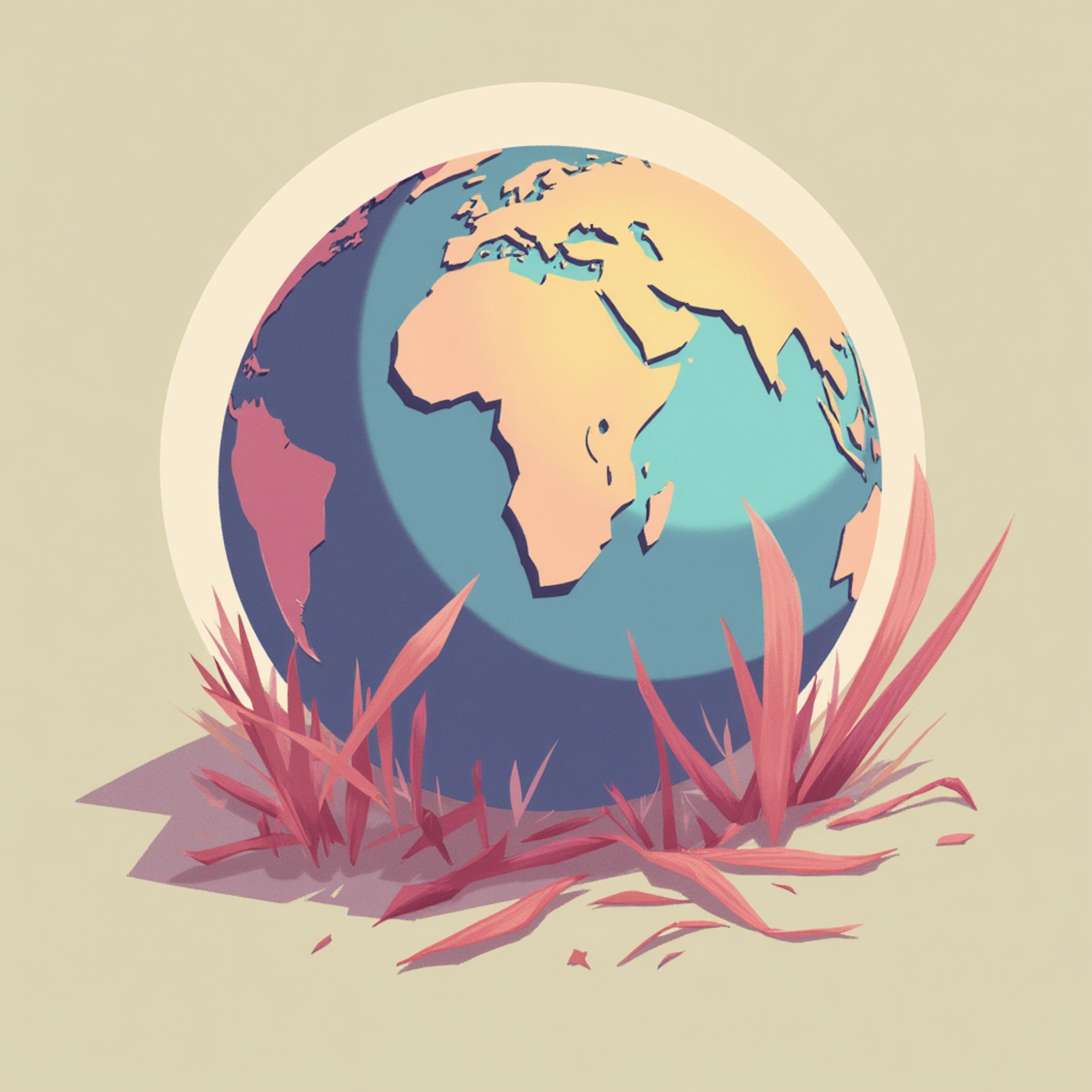 A stylized globe resting on a bed of abstract red foliage, emphasizing environmental themes in a clean and impactful iconography design.