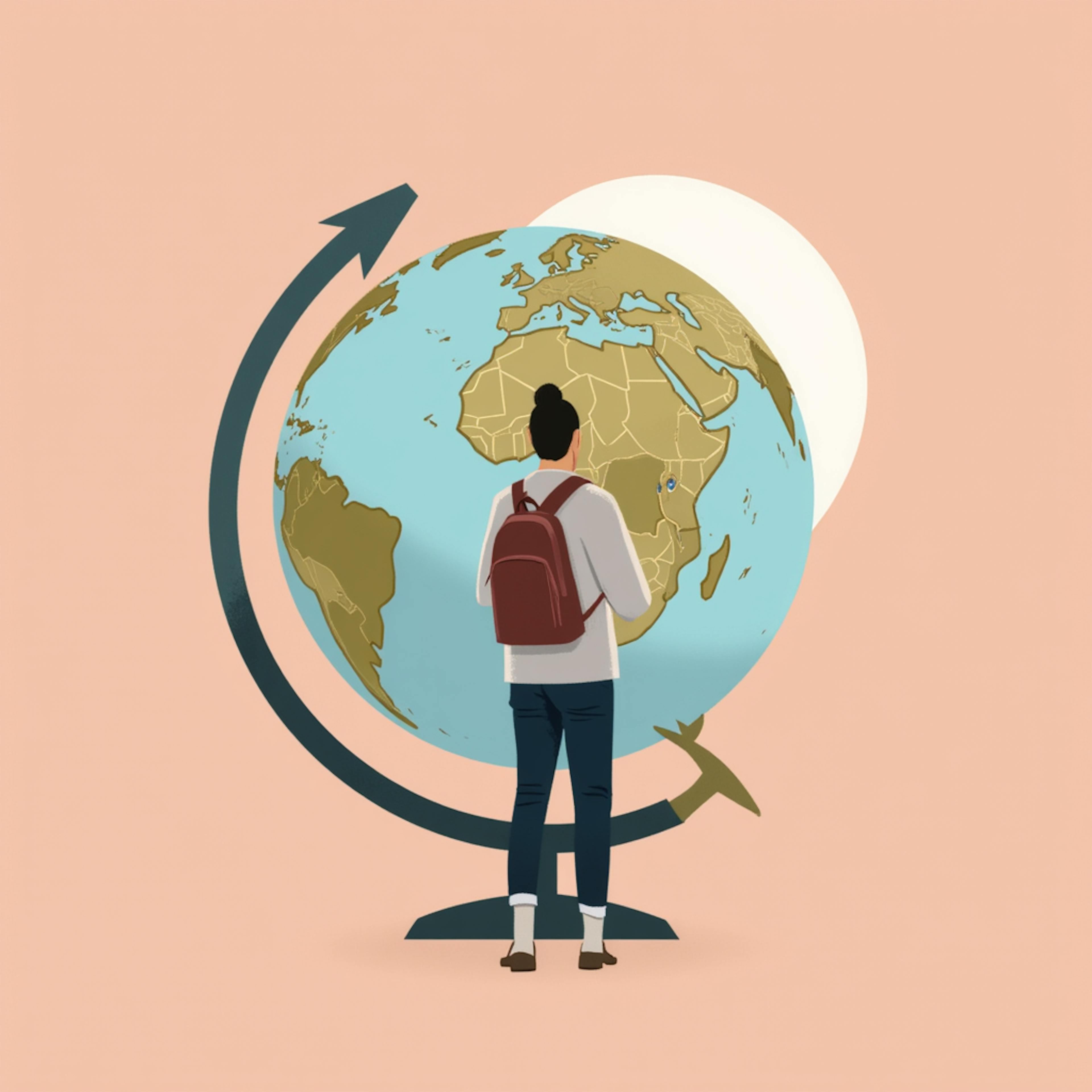 A young individual standing in front of a large globe, showcasing a focus on global education and travel in an engaging iconography design.