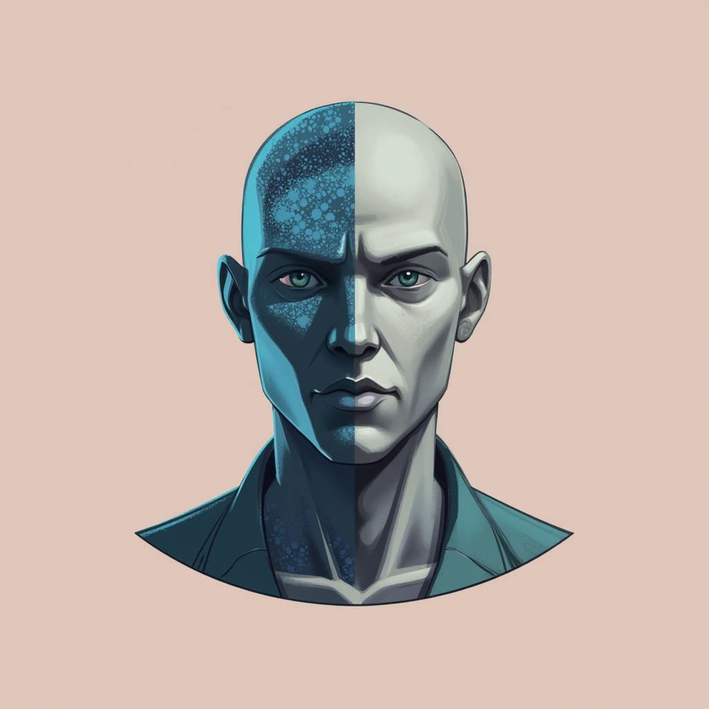 A dual-toned portrait of a human and an AI-augmented counterpart, visually exploring "how will AI affect AI in the industry?" and emphasizing the blending of human creativity with AI innovation.