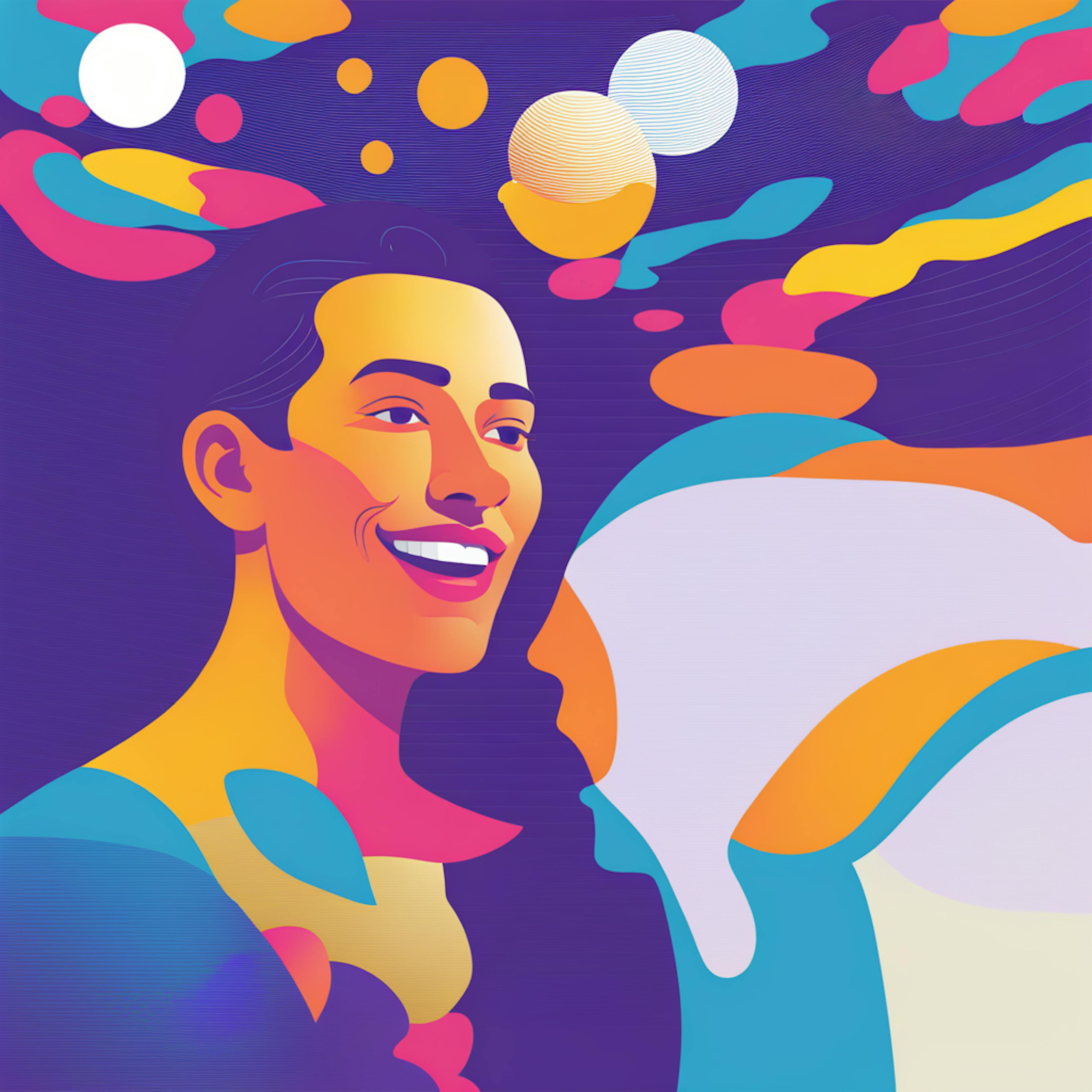 A vibrant illustration of a person surrounded by colorful abstract shapes and bubbles, symbolizing creativity and exploration in "how to use voice AI" for dynamic interactions and communication.