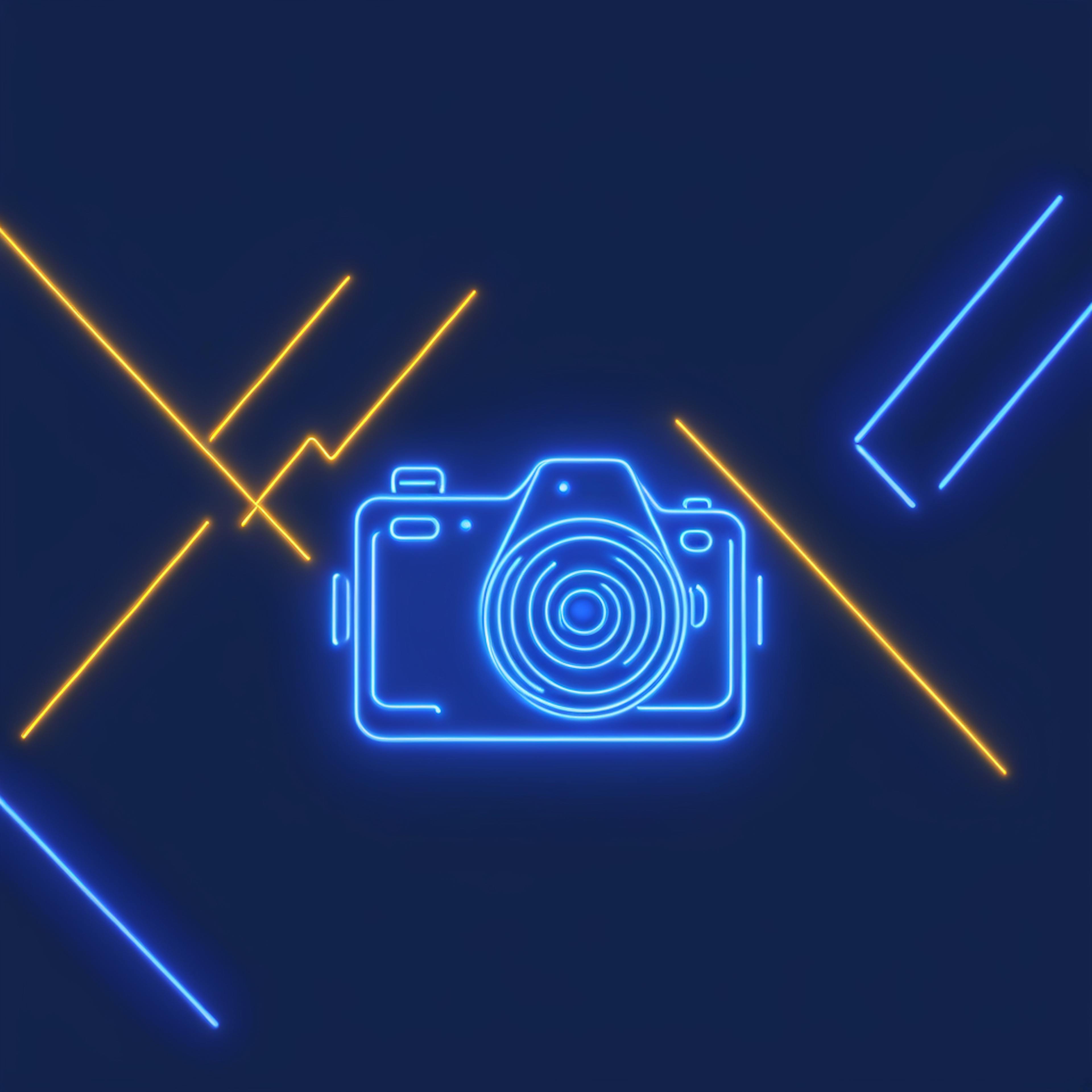 A glowing neon outline of a camera surrounded by angular lines, symbolizing innovation in "how to use AI to improve video quality" with precision and clarity.